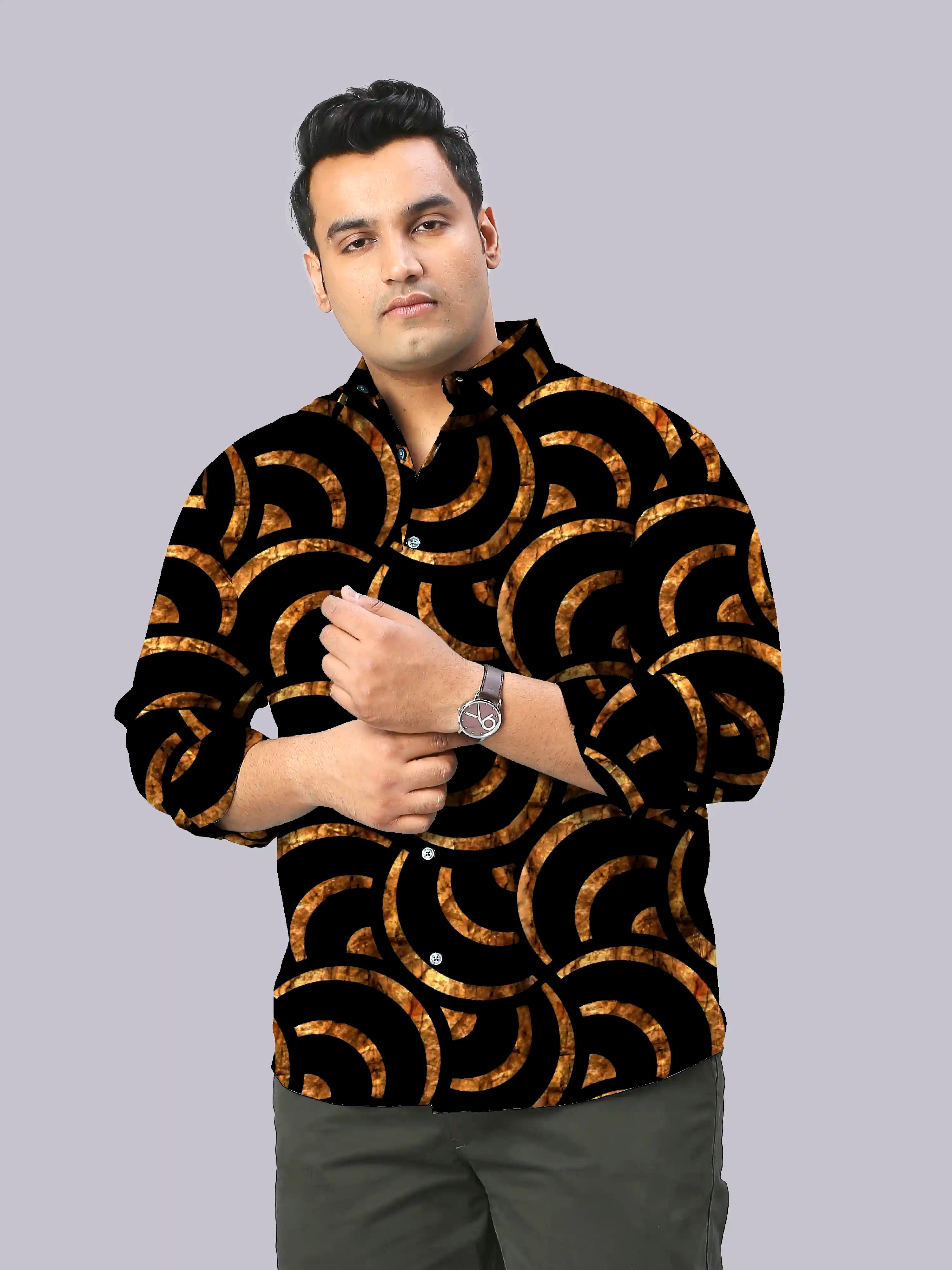 Golden Geometric Digital Printed Men's Plus Size Full Sleeve Shirt