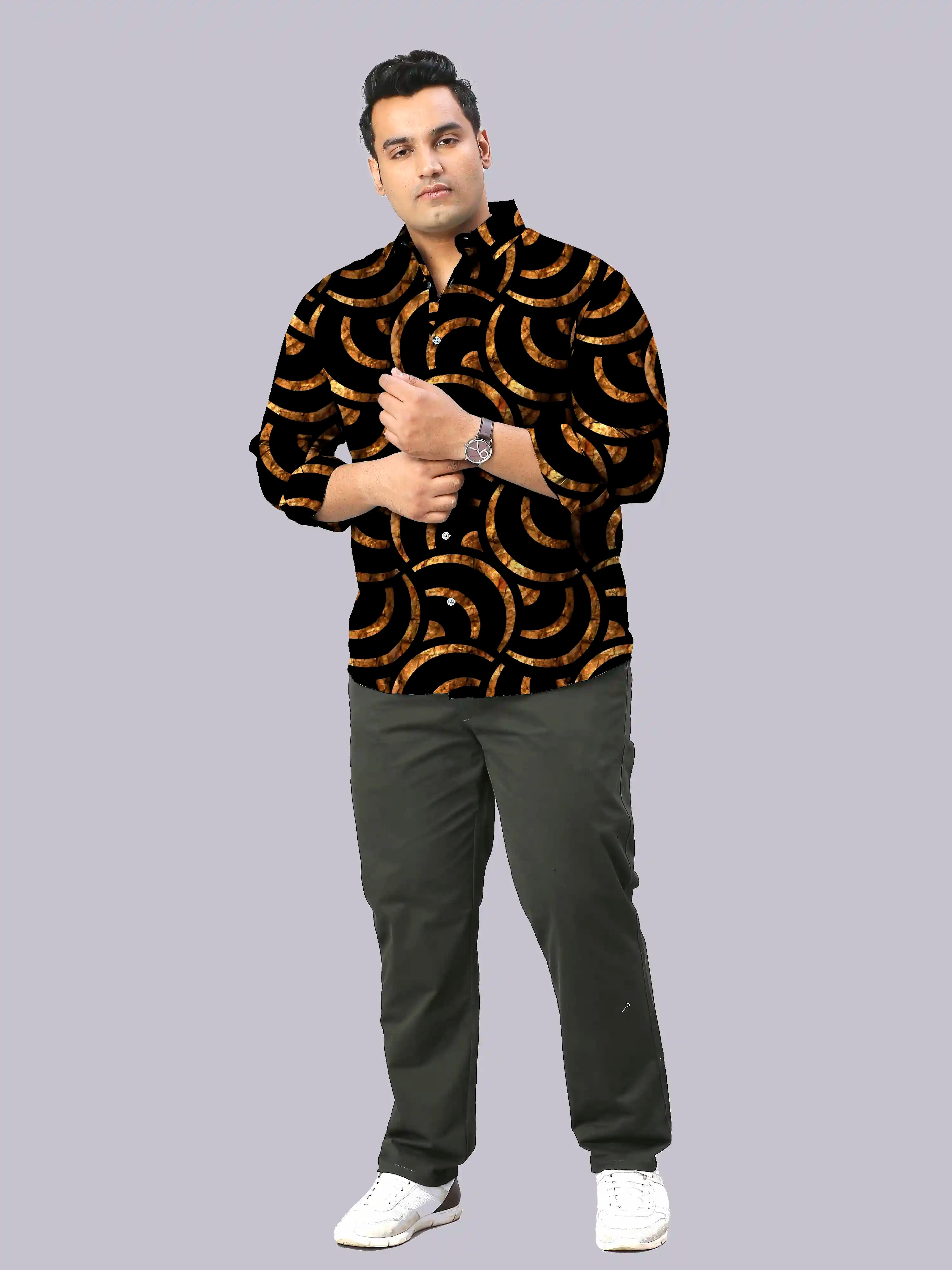 Golden Geometric Digital Printed Men's Plus Size Full Sleeve Shirt