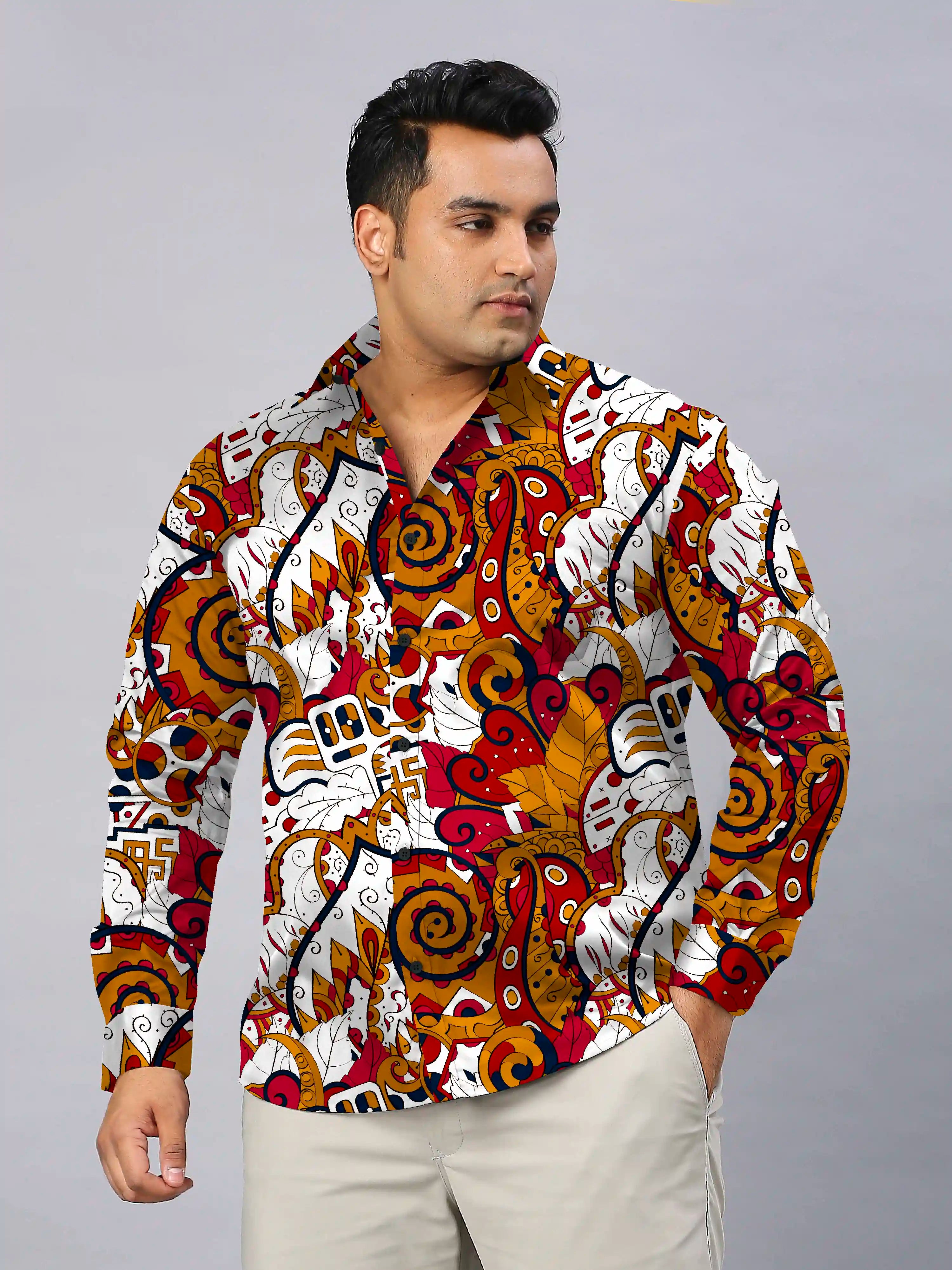 Kalamkari Digital Printed Men's Plus Size Full Sleeve Shirt