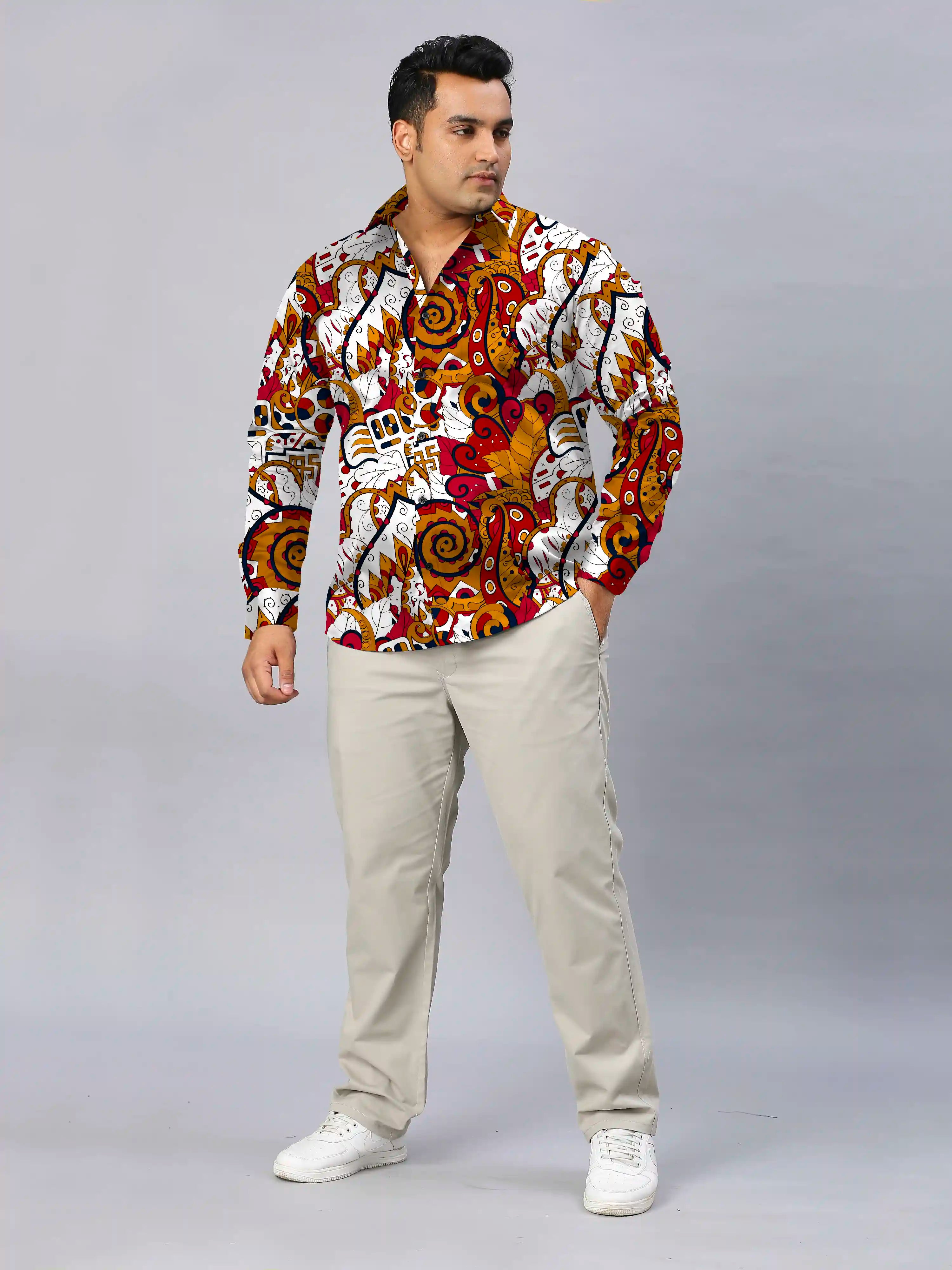 Kalamkari Digital Printed Men's Plus Size Full Sleeve Shirt