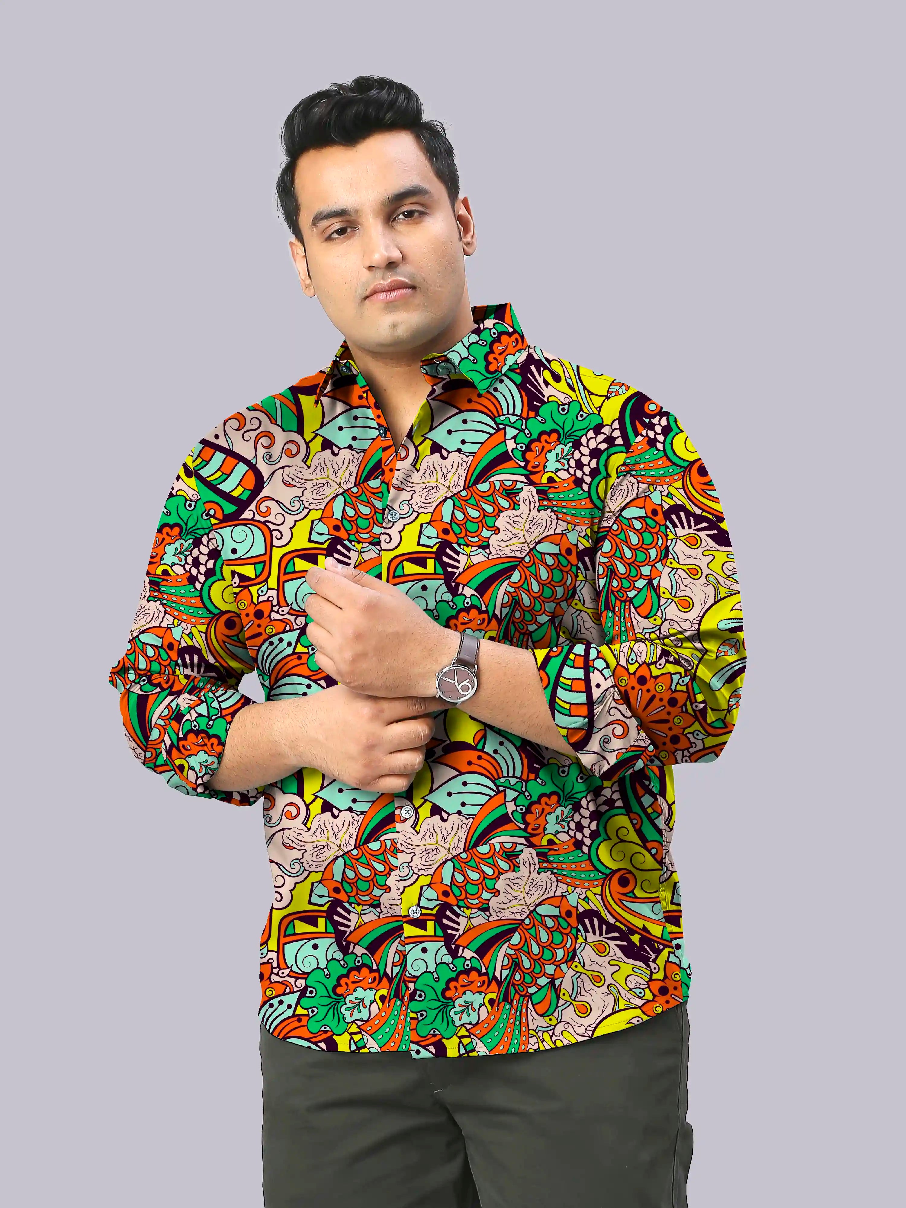 Tracery Pattern Digital Printed Men's Plus Size Full Sleeve Shirt