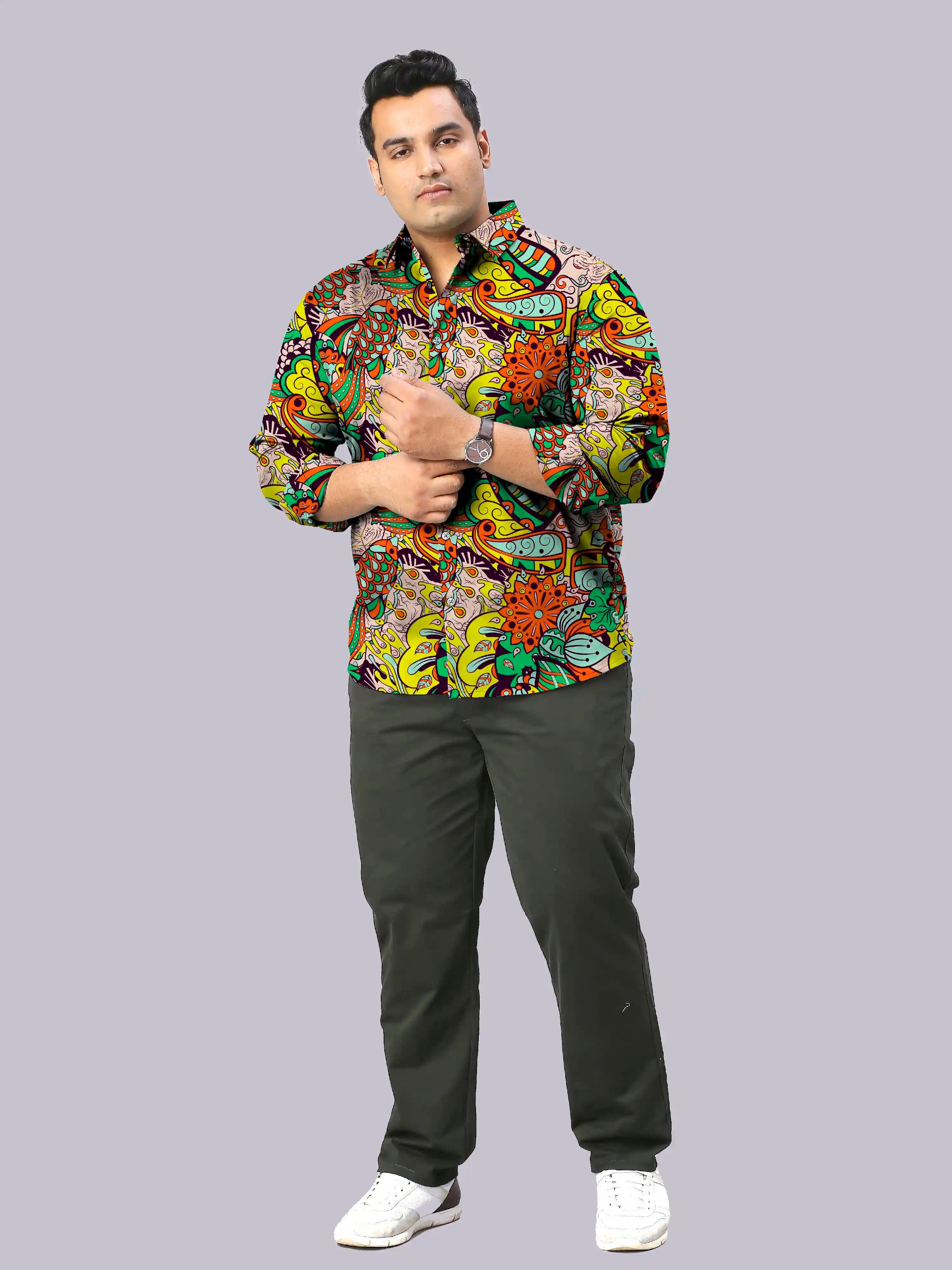 Tracery Pattern Digital Printed Men's Plus Size Full Sleeve Shirt