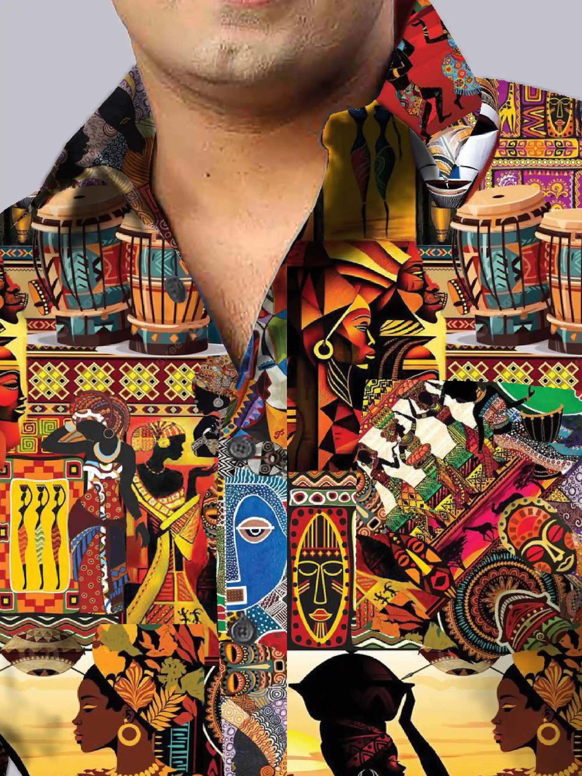 African Tribal Art Digital Printed Men's Plus Size Full Sleeve Shirt