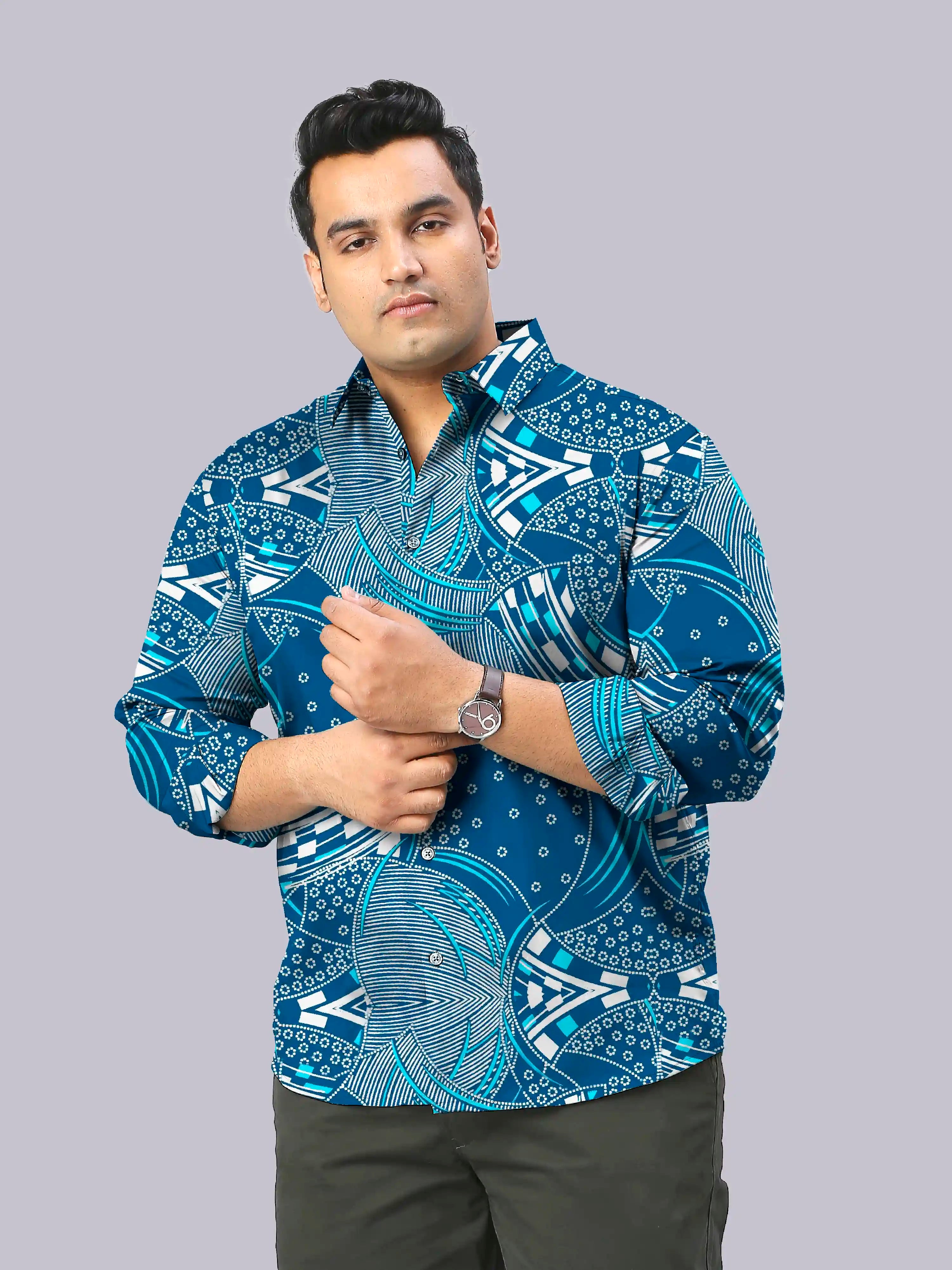 Blue and White Abstract Digital Printed Men's Plus Size Full Sleeve Shirt