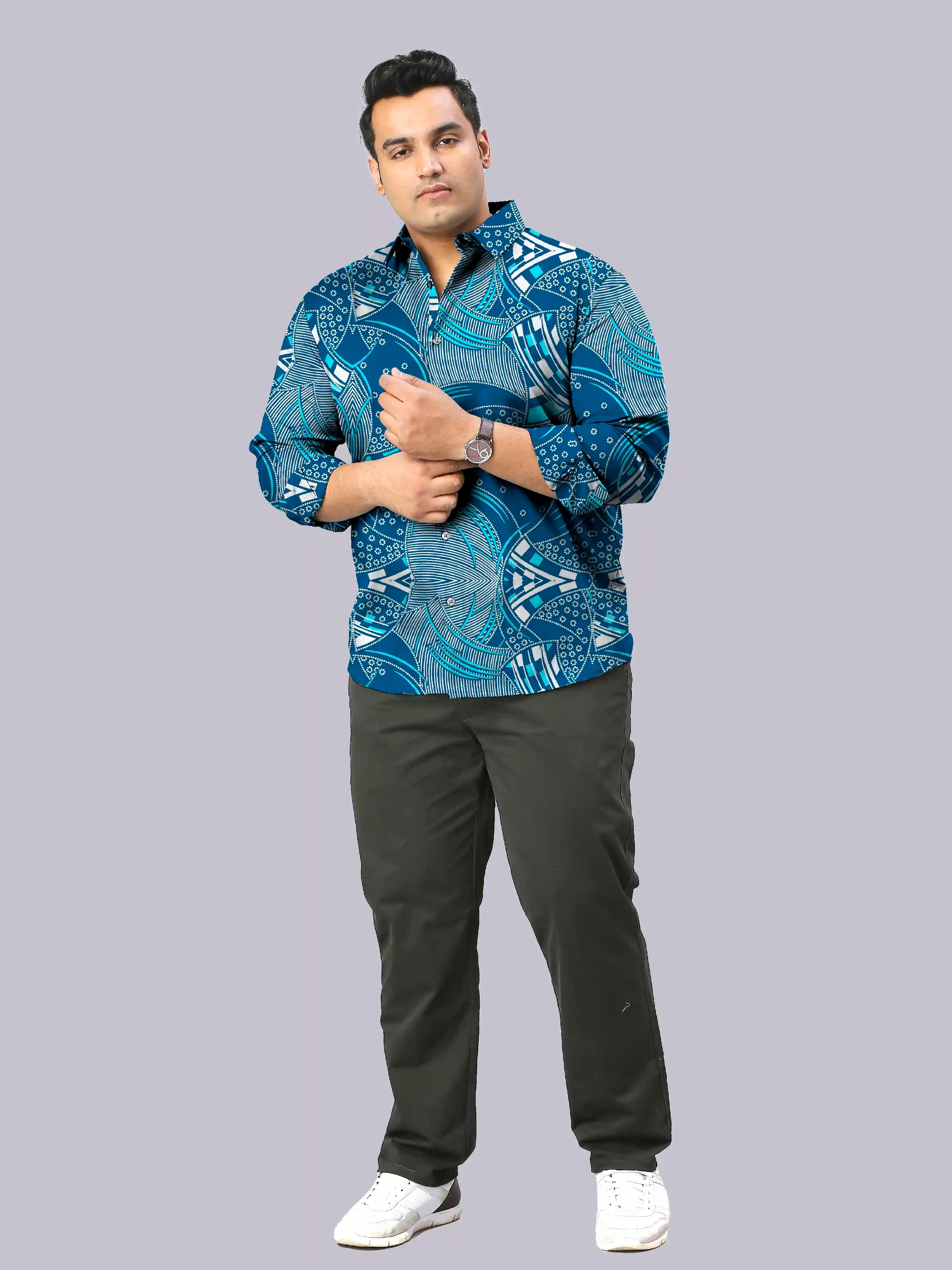 Blue and White Abstract Digital Printed Men's Plus Size Full Sleeve Shirt
