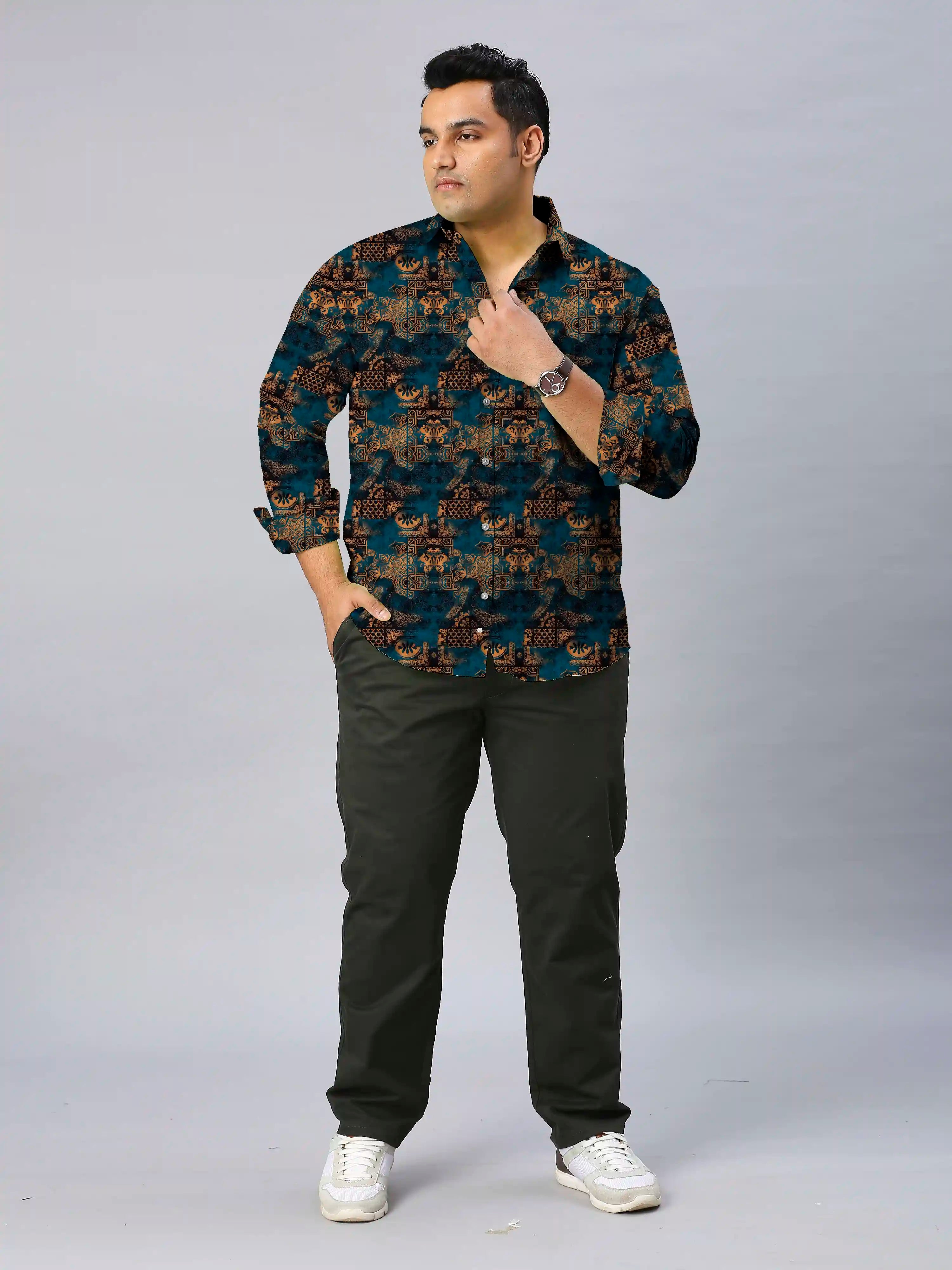 Mandala Motifs Digital Printed Men's Plus Size Full Sleeve Shirt