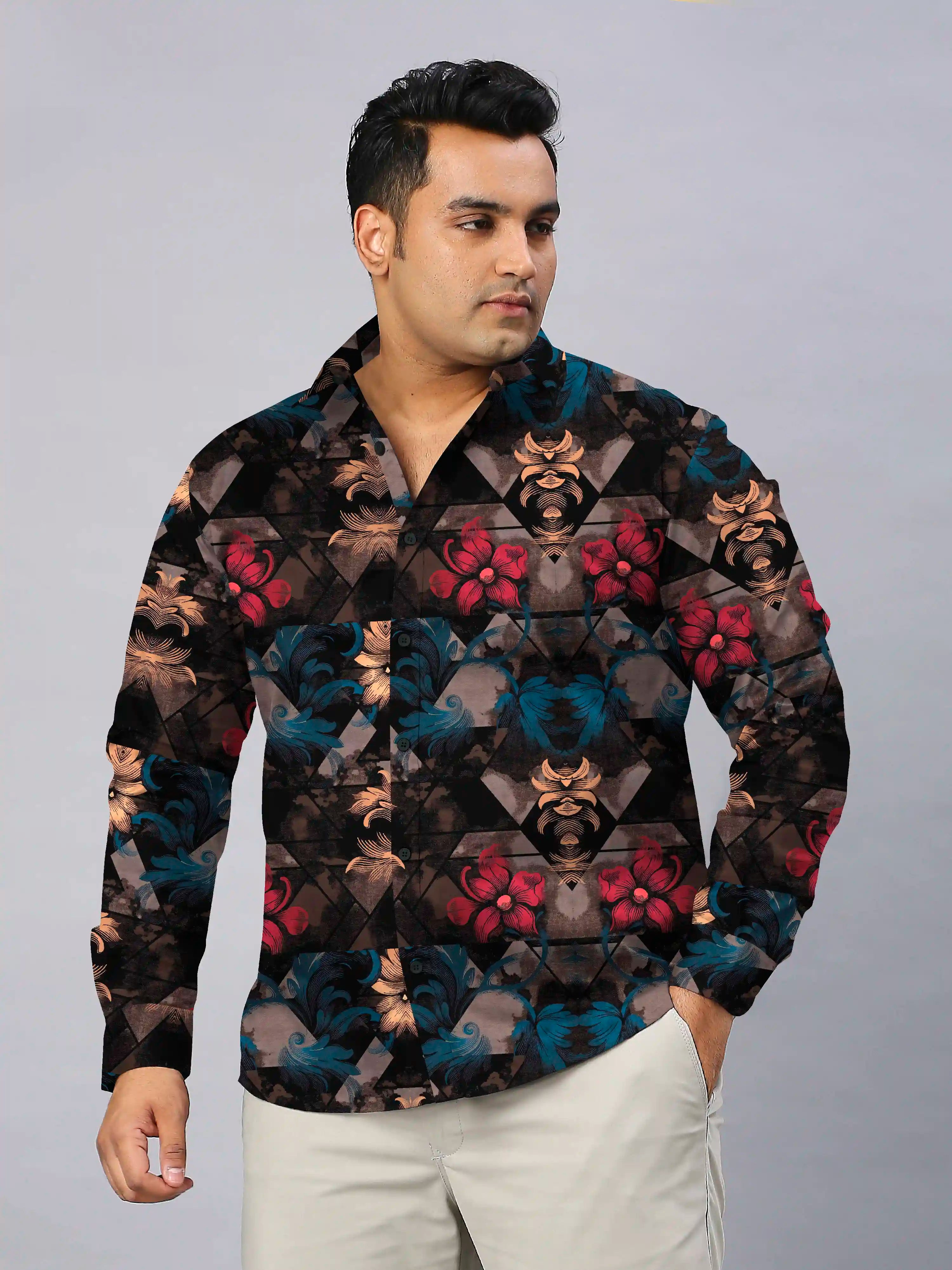 Baroque Style Digital Printed Men's Plus Size Full Sleeve Shirt
