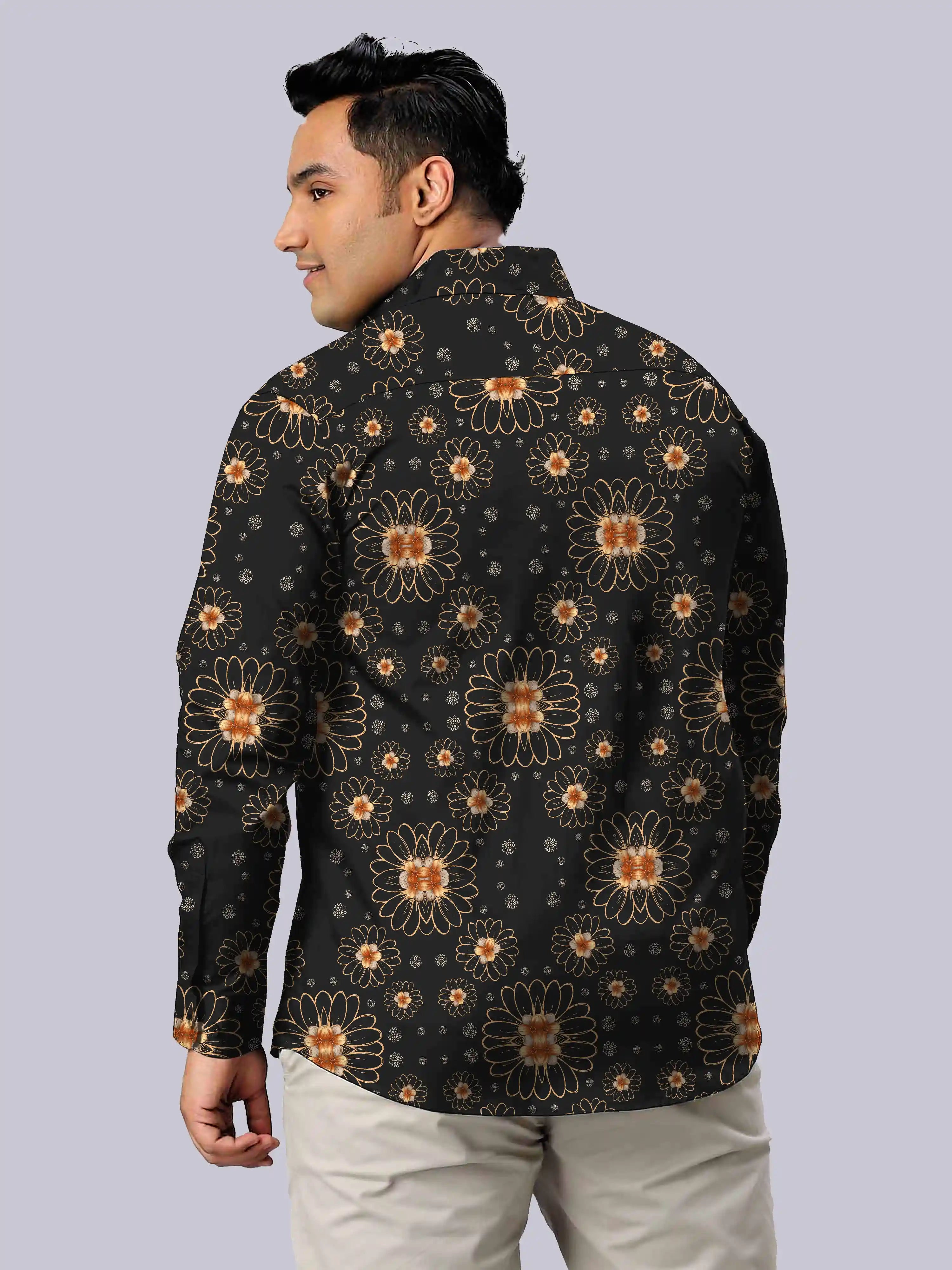 Golden Flowers Printed Men's Plus Size Full Sleeve Shirt