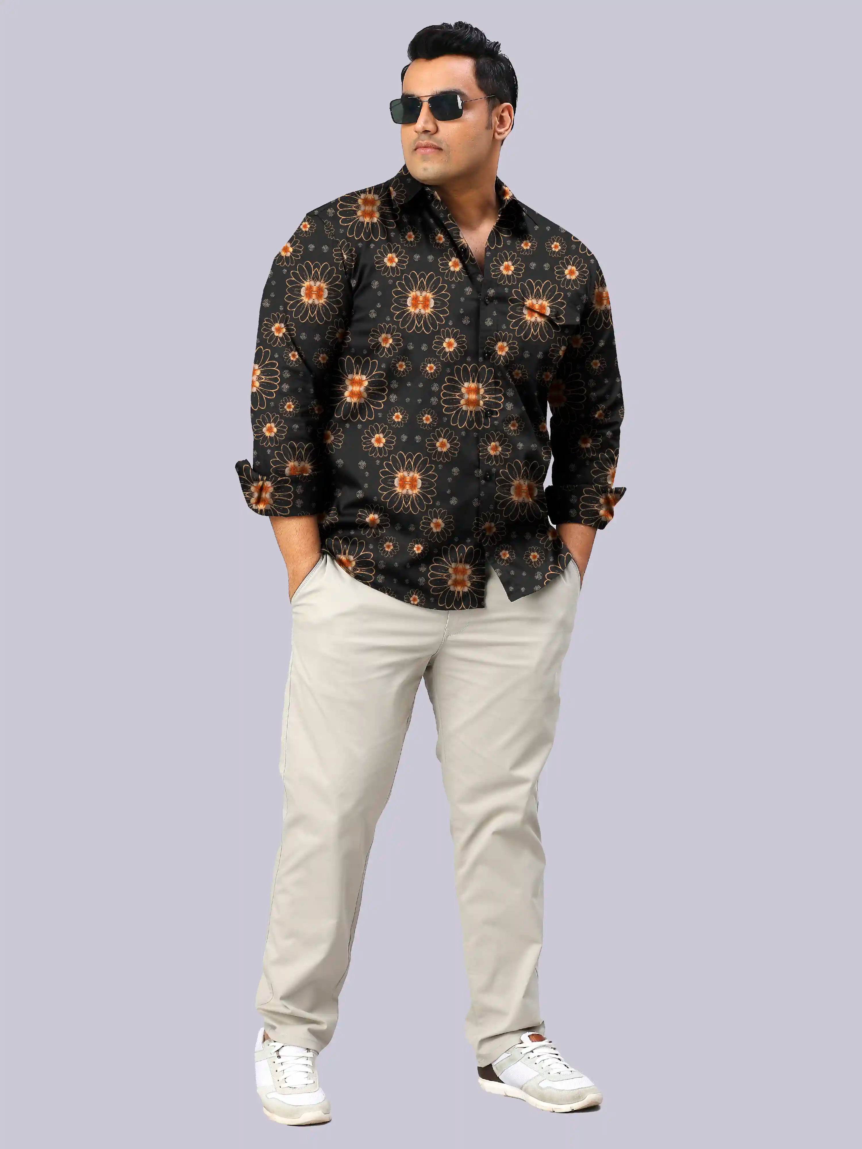 Golden Flowers Printed Men's Plus Size Full Sleeve Shirt