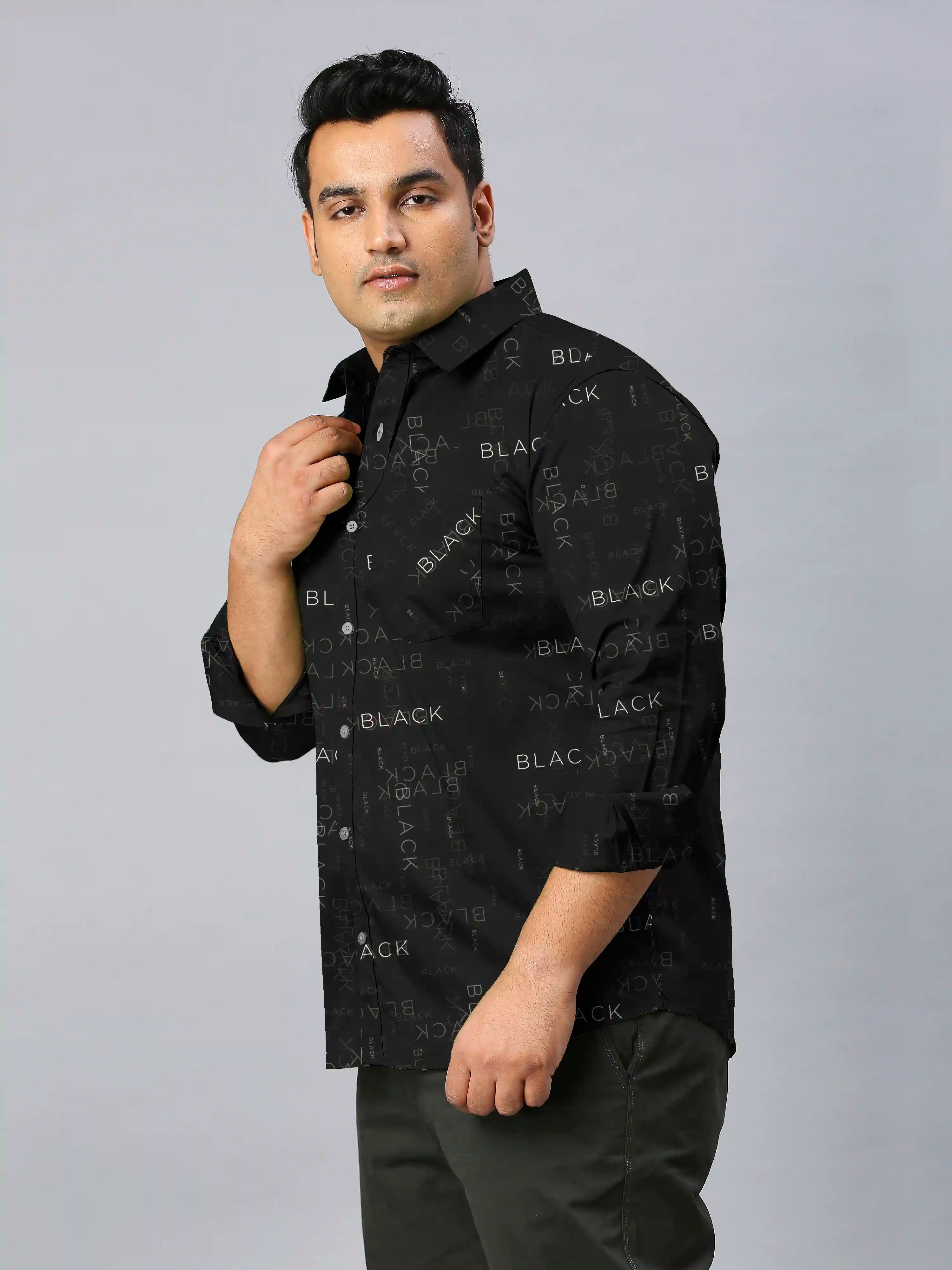 Black Name Printed Men's Plus Size Full Sleeve Shirt
