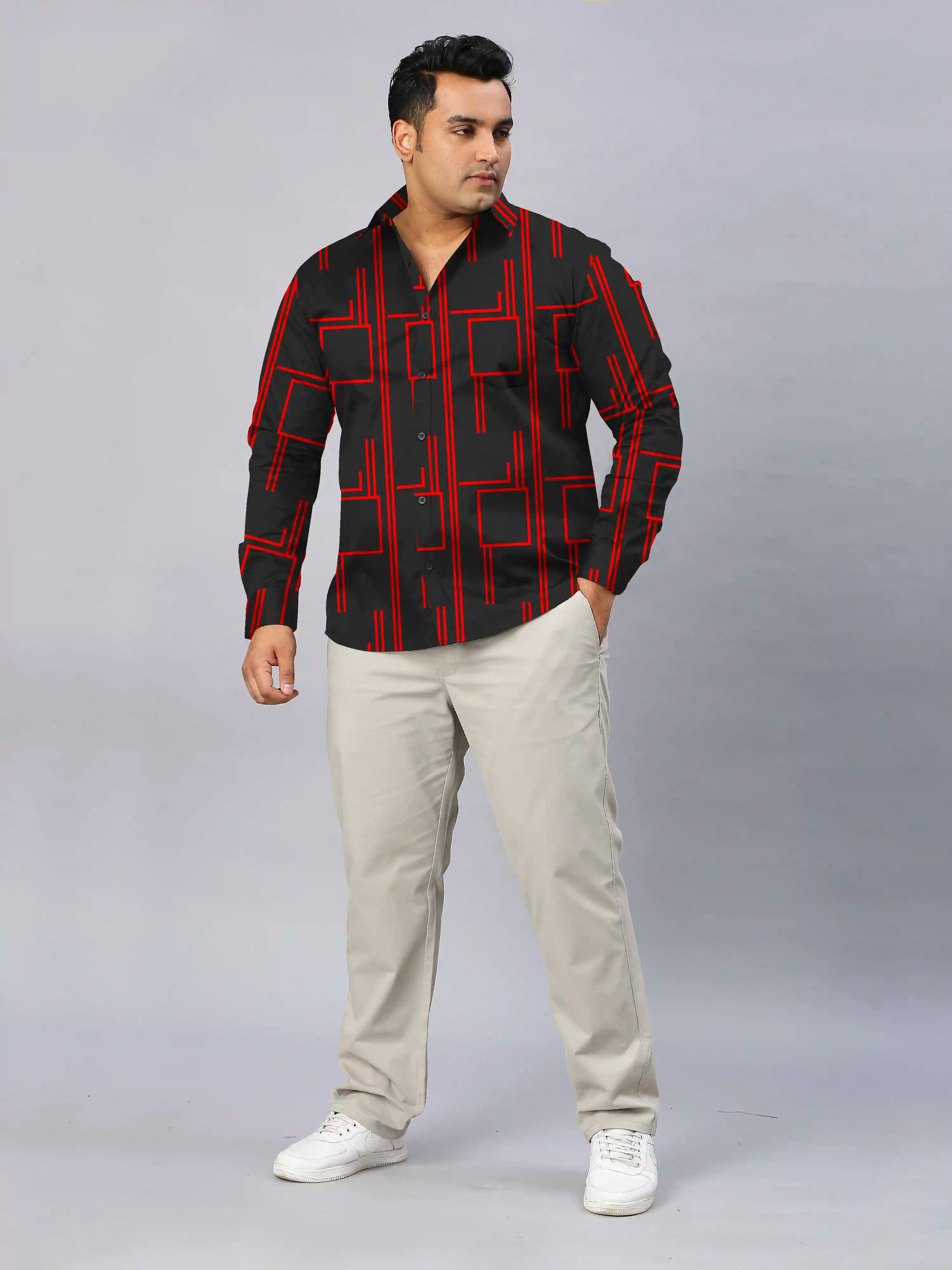 Red Square Lines Printed Men's Plus Size Full Sleeve Shirt