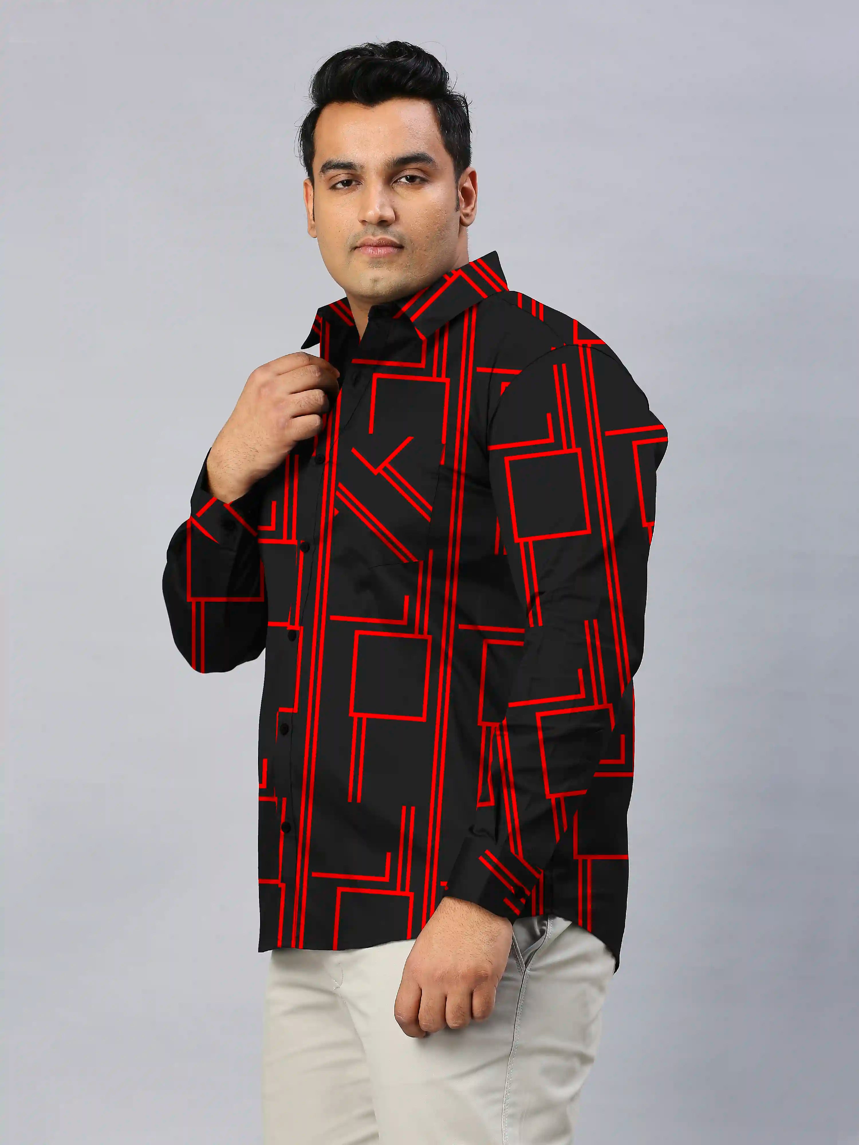 Red Square Lines Printed Men's Plus Size Full Sleeve Shirt
