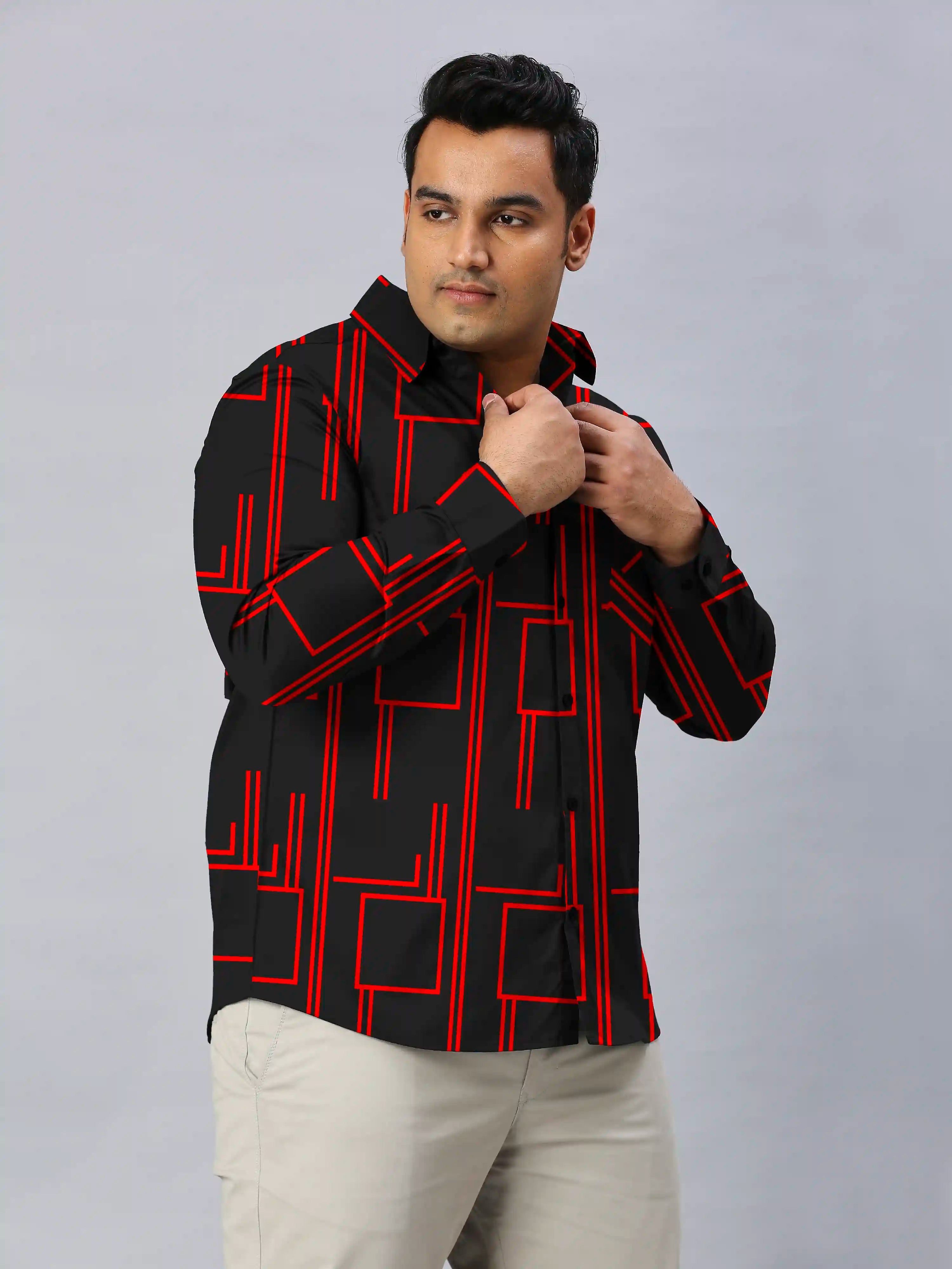 Red Square Lines Printed Men's Plus Size Full Sleeve Shirt