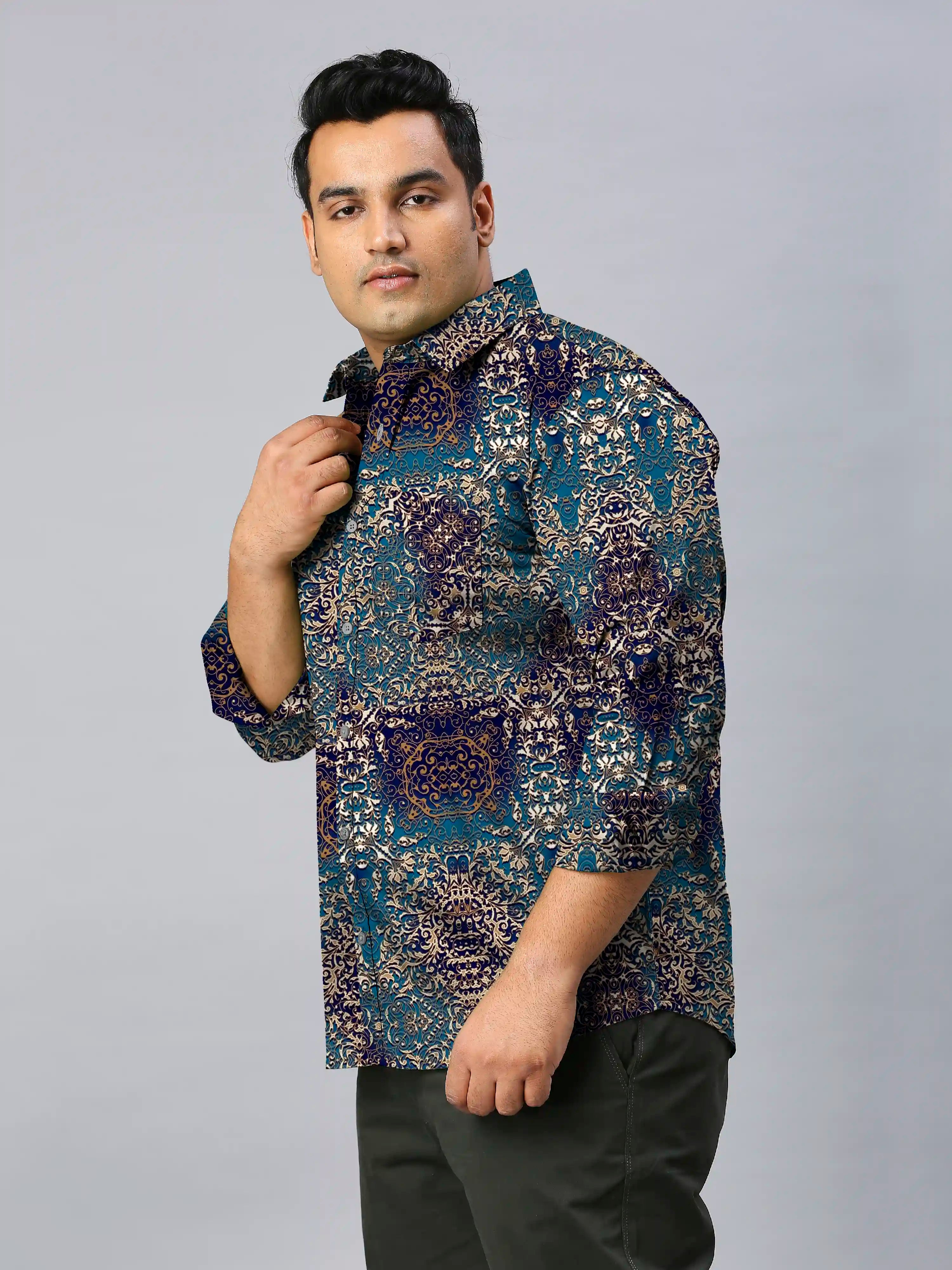 Gold Damask Digital Printed Men's Plus Size Full Sleeve Shirt