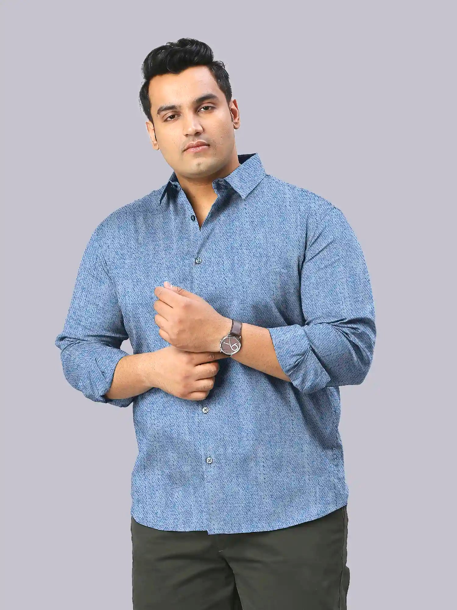 Men's Plus Size Ice Blue Texture Cotton Full Sleeve Shirt