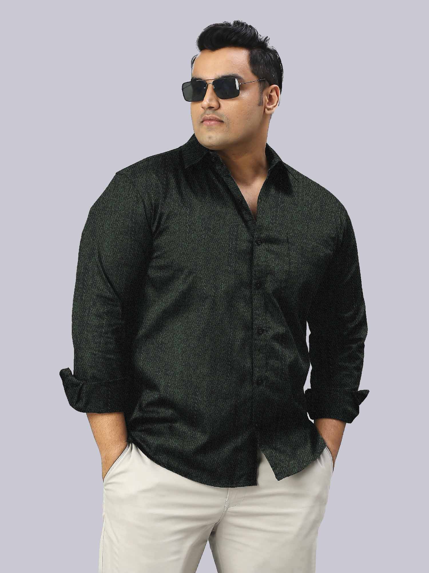 Men's Plus Size Dark Green Texture Cotton Full Sleeve Shirt