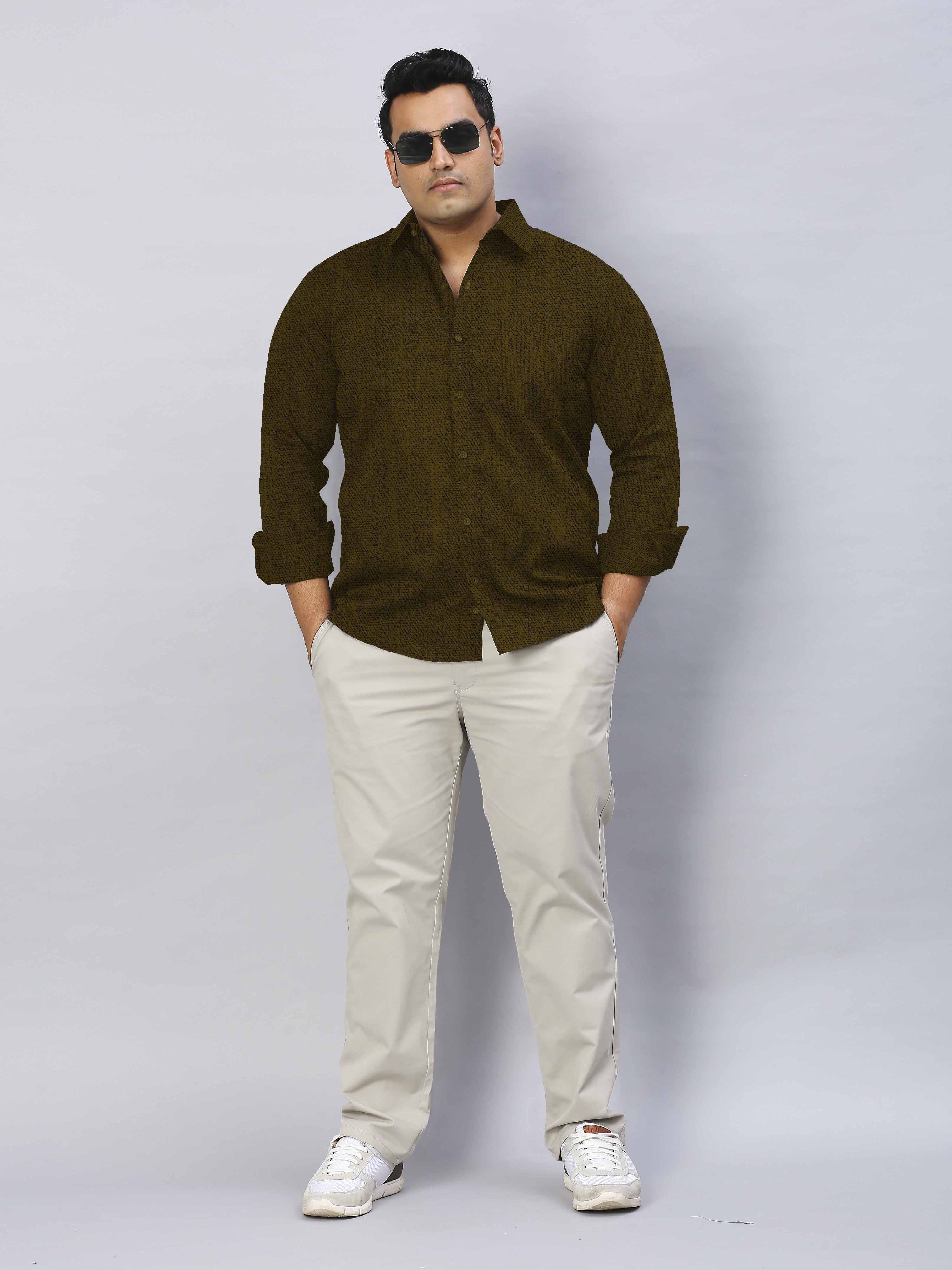 Men's Plus Size Mustard Yellow Texture Cotton Full Sleeve Shirt