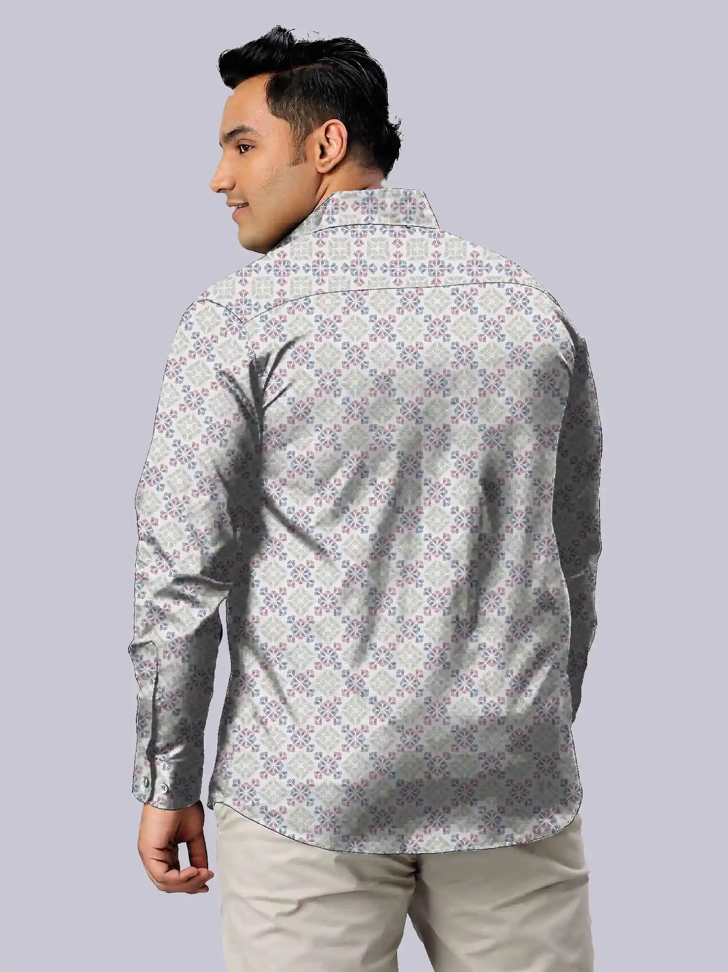 Grey White Floral Men's Plus Size Full Shirt