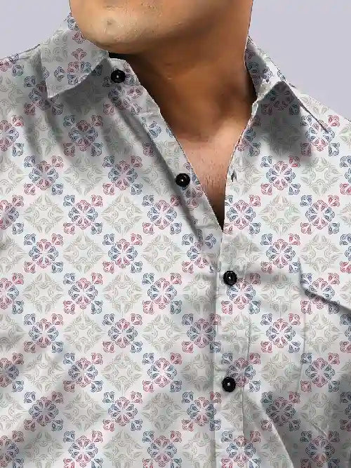 Grey White Floral Men's Plus Size Full Shirt