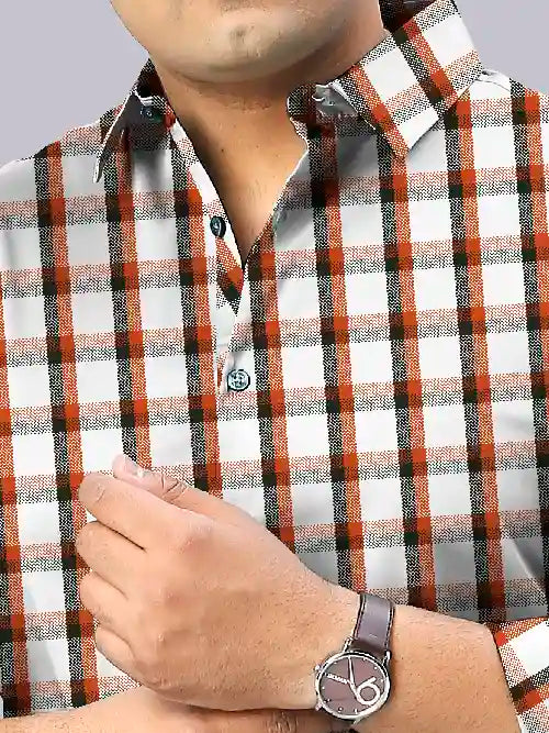 Orange Big Checks Men's Plus Size Full Shirt