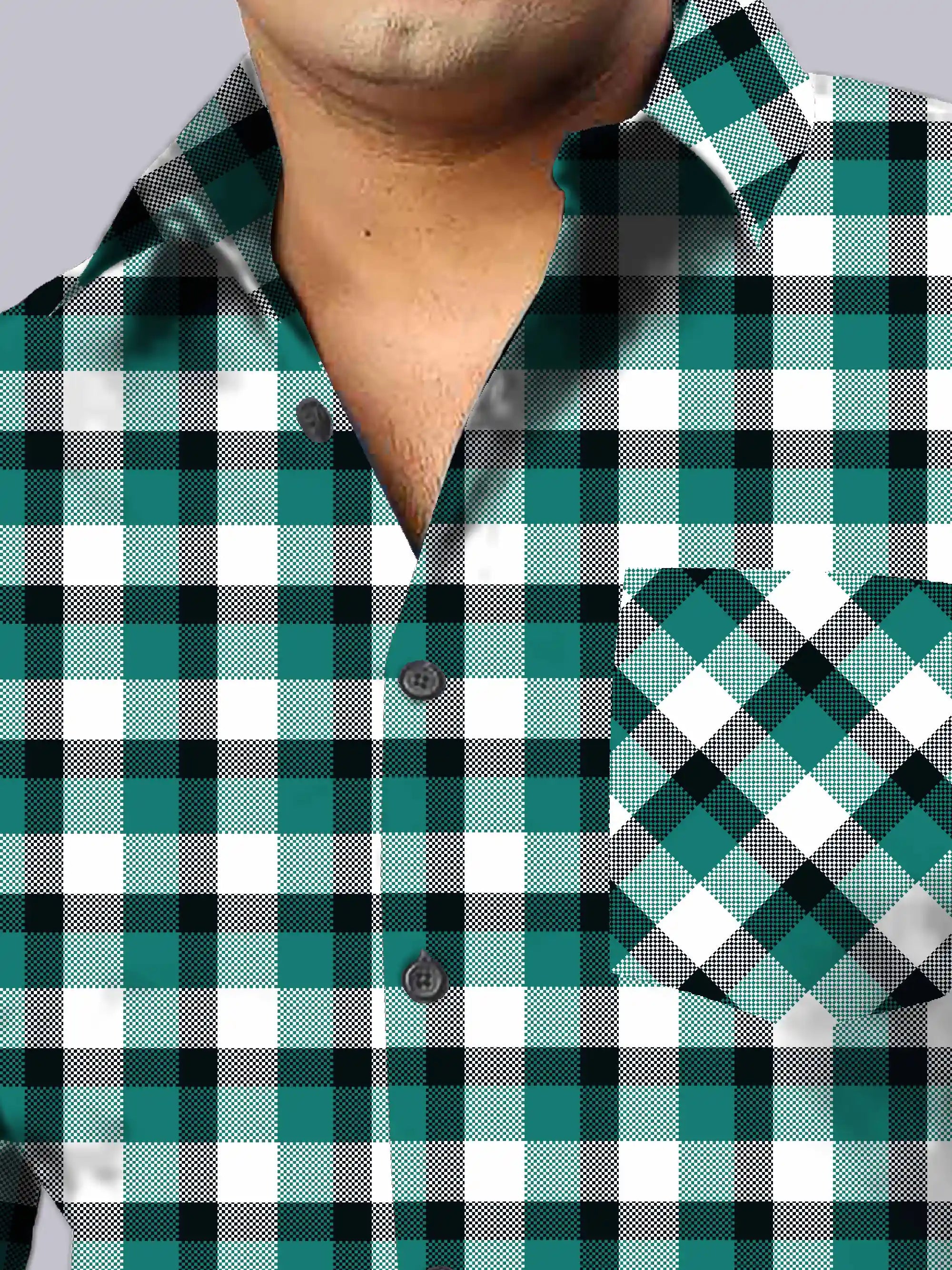 Teal Green Check Men's Plus Size Full Sleeve Shirt