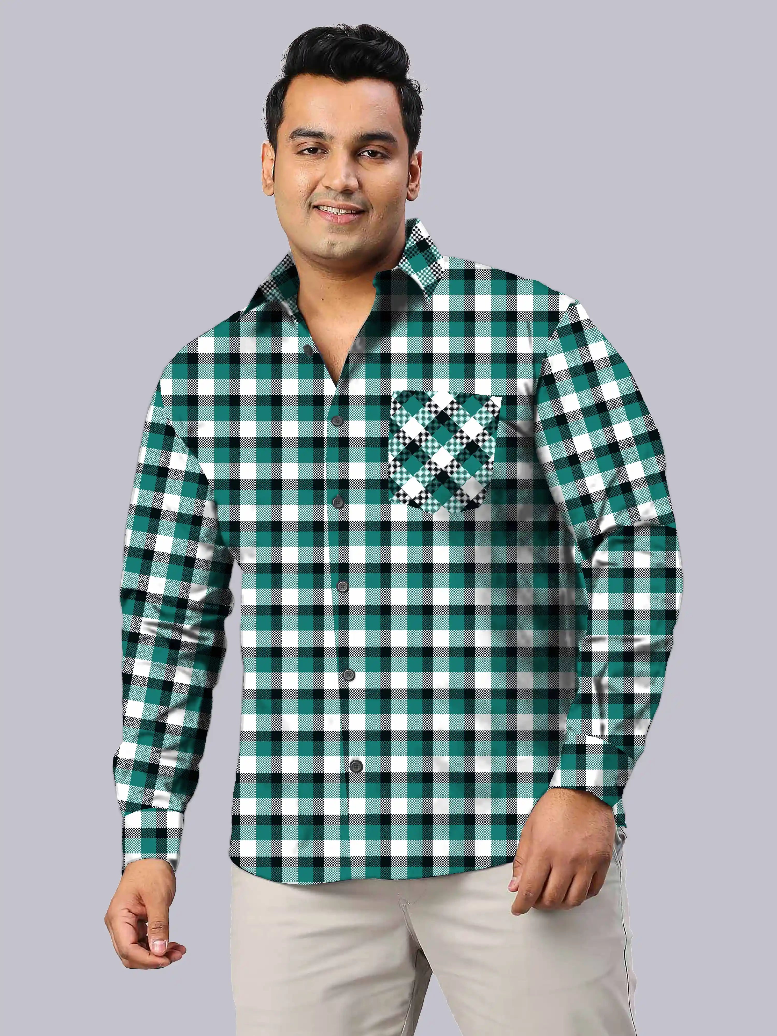 Teal Green Check Men's Plus Size Full Sleeve Shirt