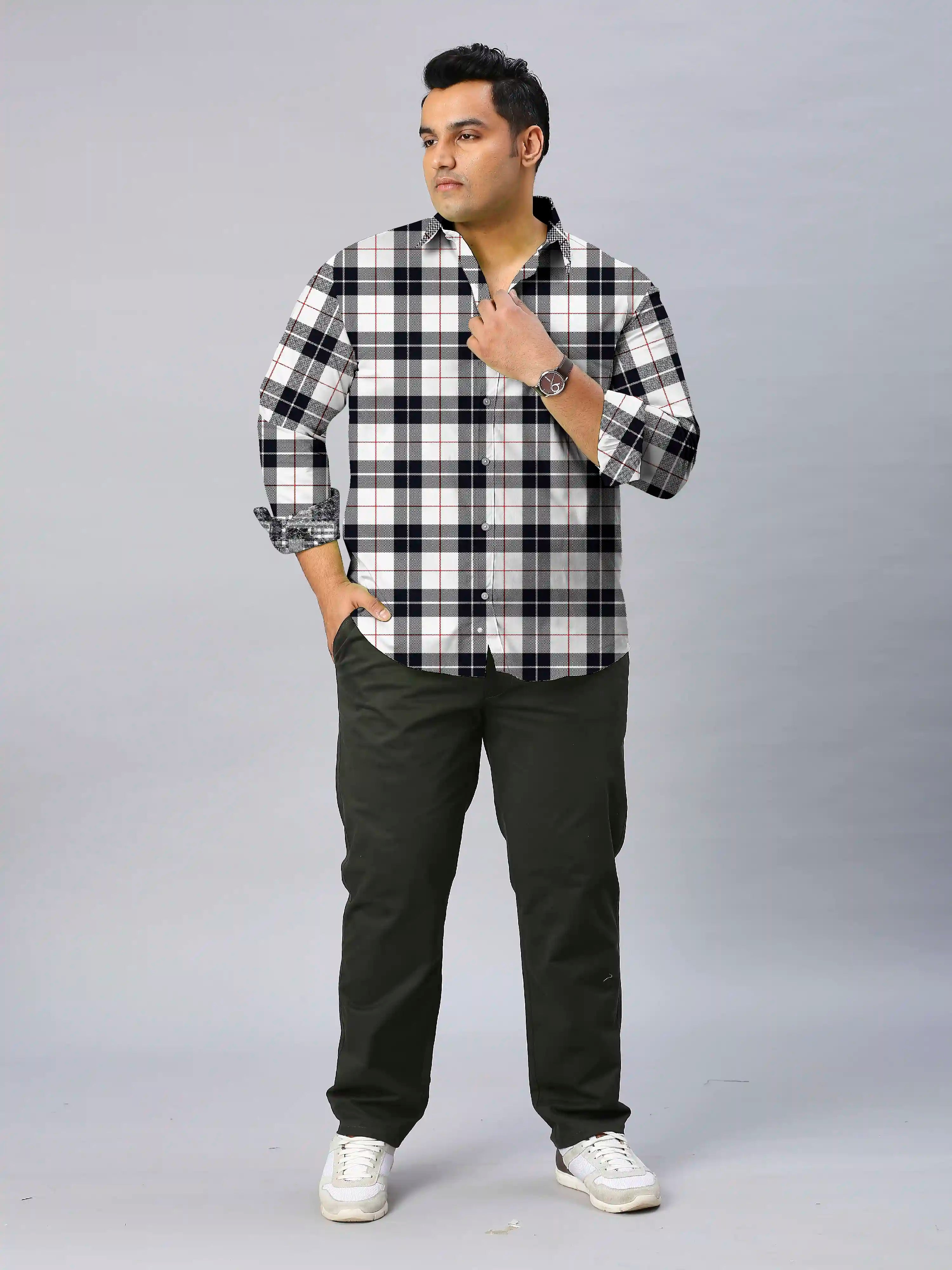 Black Grey Checks Men's Plus Size Full Sleeve Shirt
