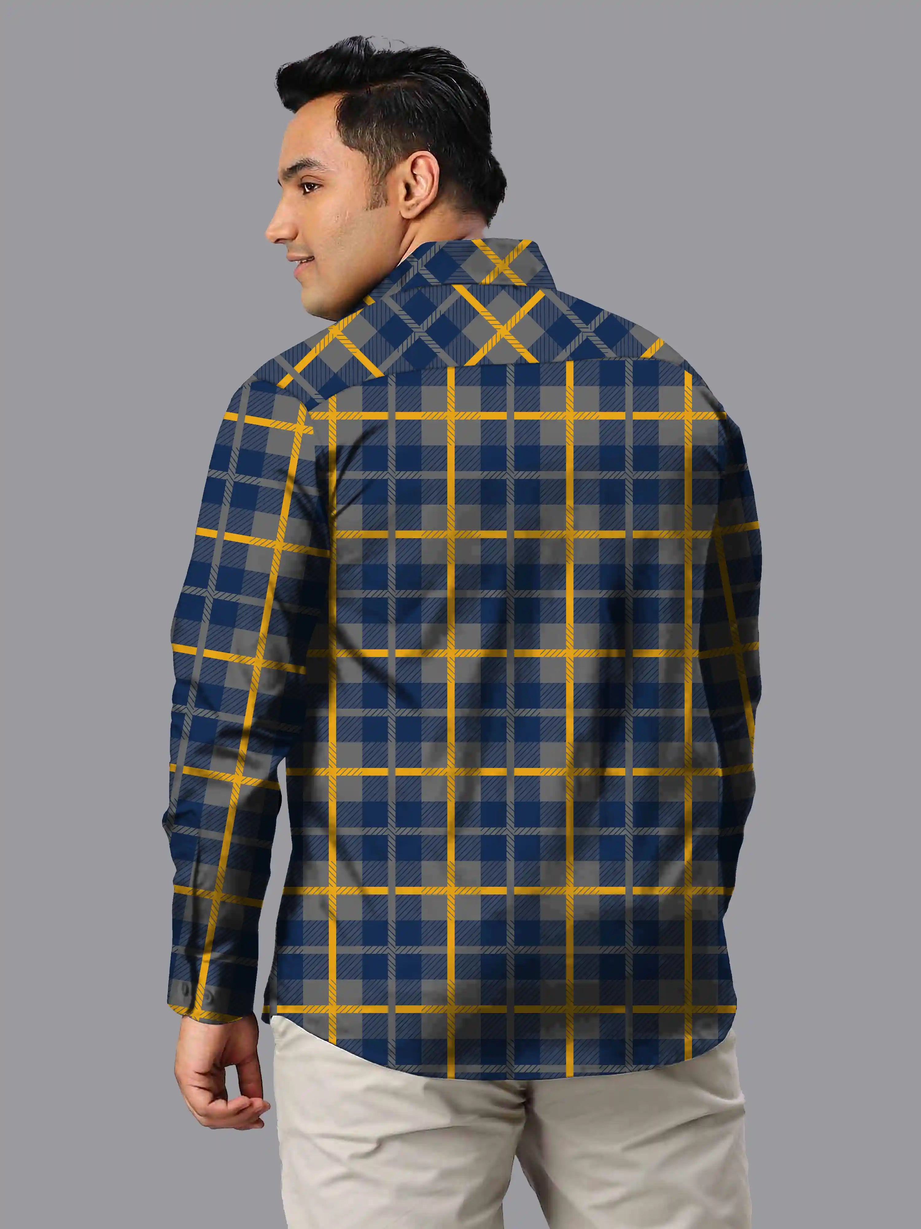 Blue Yellow Checks Men's Plus Size Full Sleeve Shirt