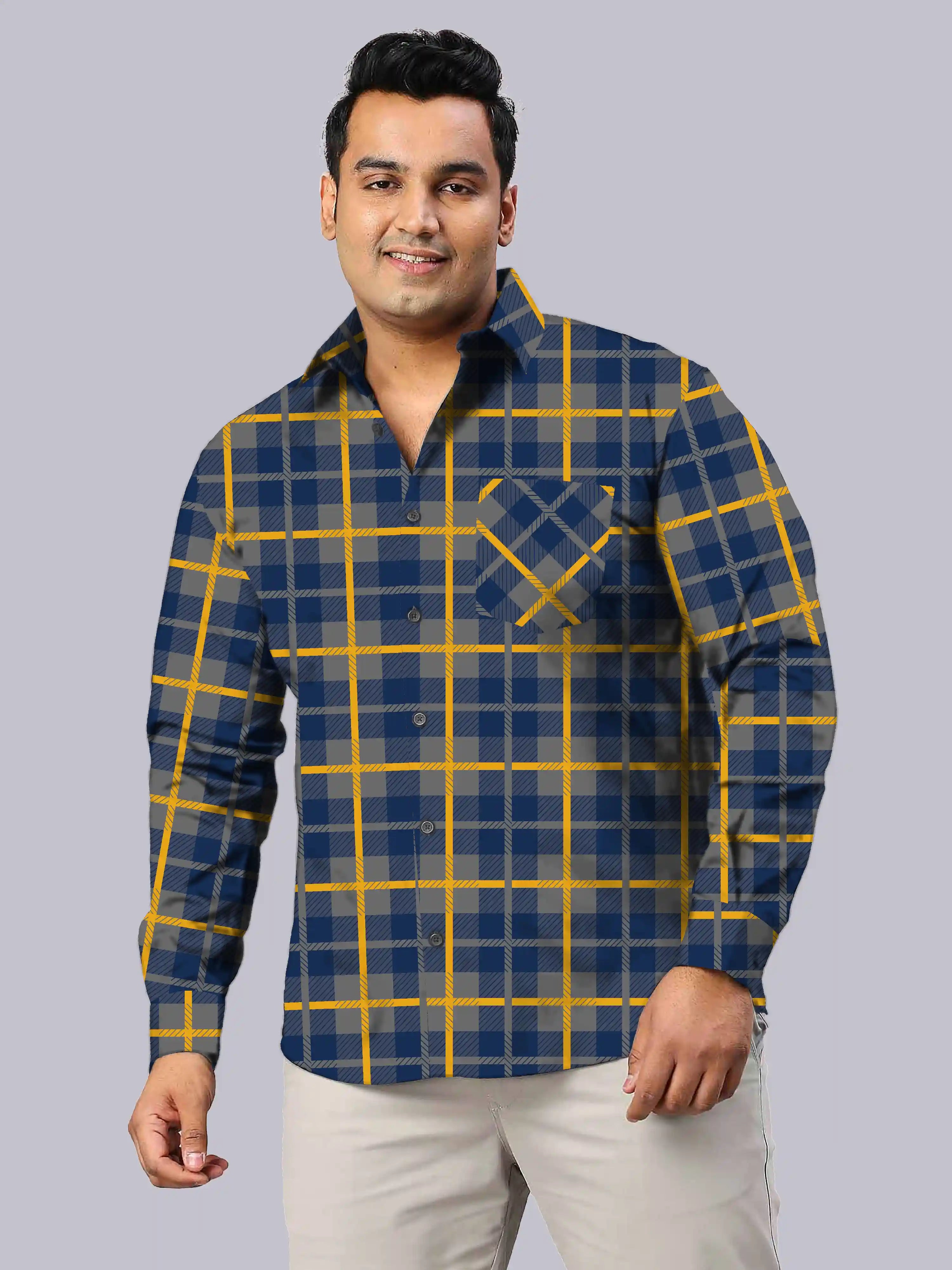Blue Yellow Checks Men's Plus Size Full Sleeve Shirt