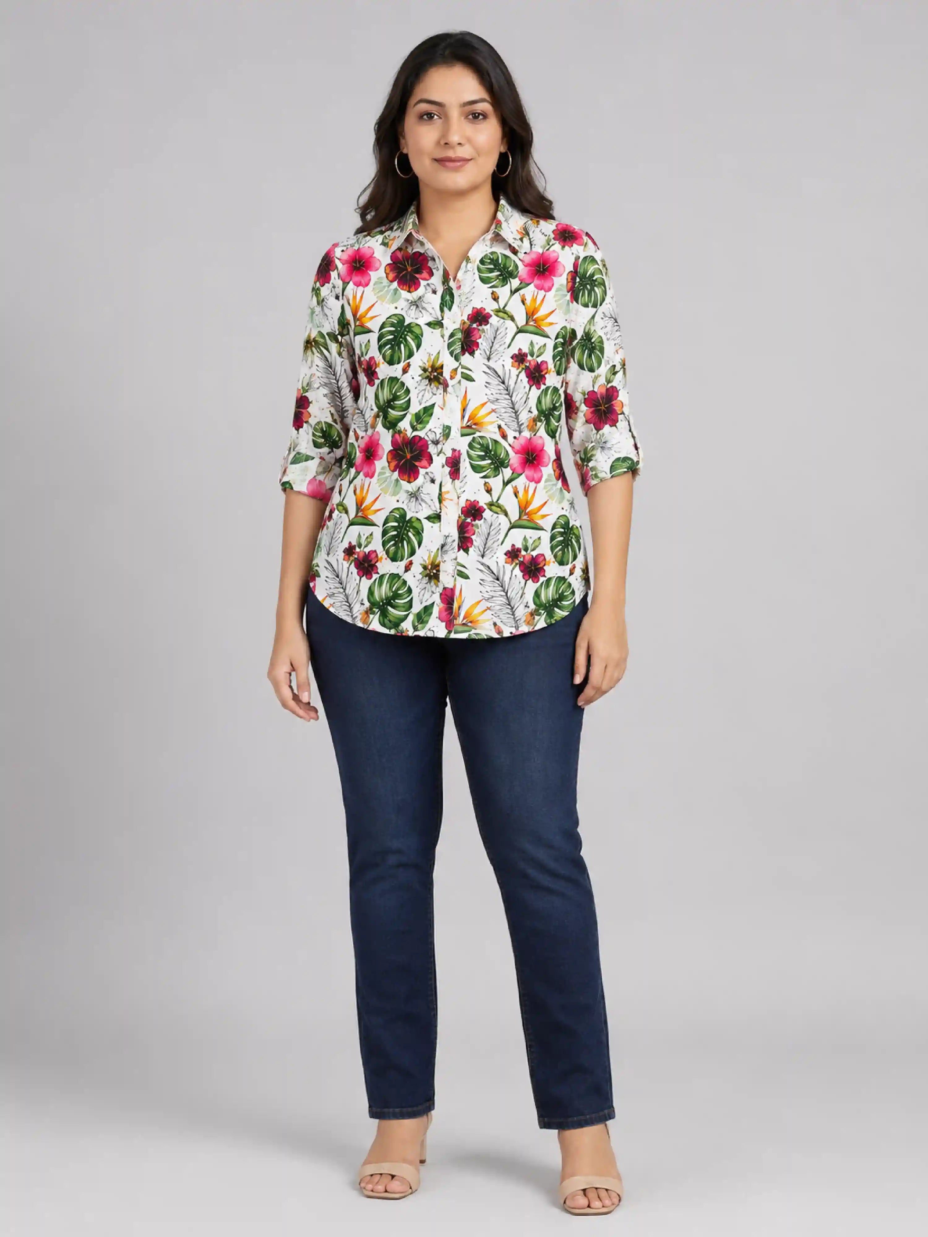 Tropical Hibiscus Floral Print Women’s Plus Size Shirt