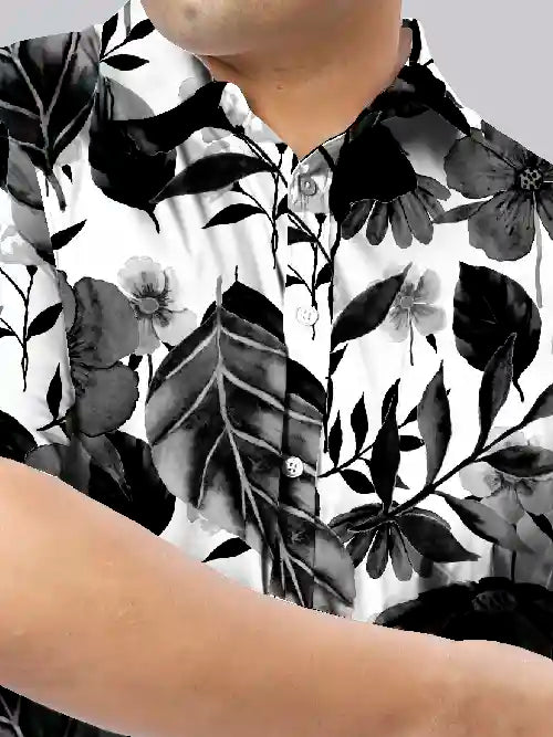 Black and White Flowers Printed Men's Plus Size Half Sleeve Shirt