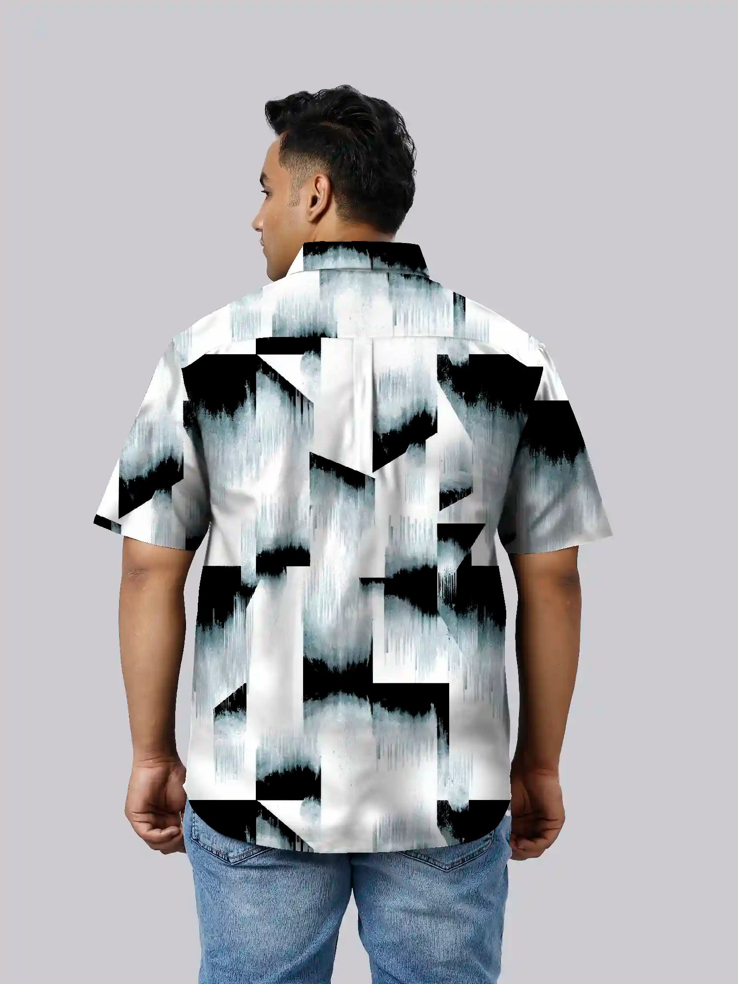 Black Grey Ombre Printed Men's Plus Size Half Sleeve Shirt