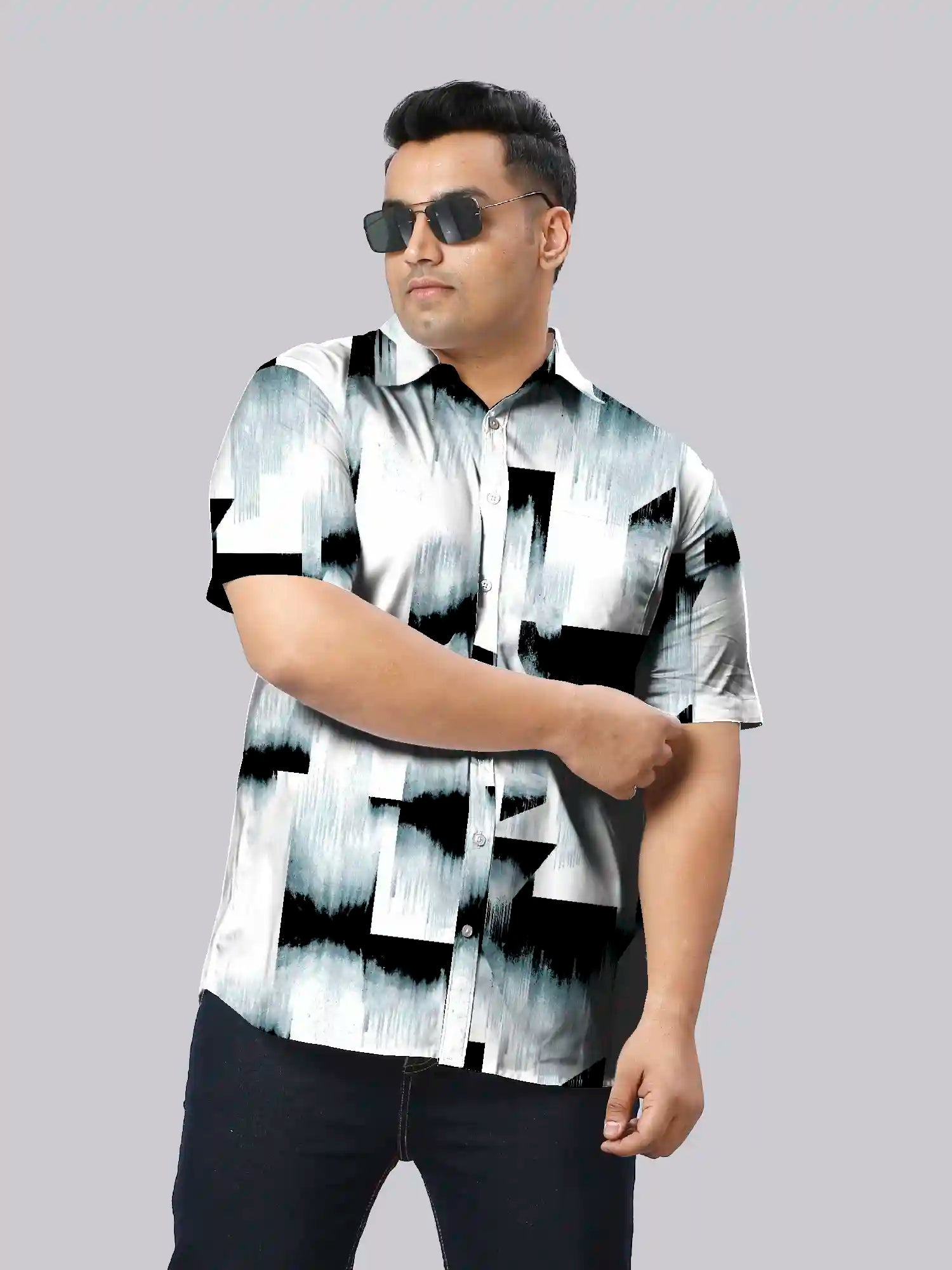 Black Grey Ombre Printed Men's Plus Size Half Sleeve Shirt