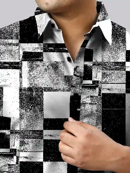Black White Grunge Printed Men's Plus Size Half Sleeve Shirt