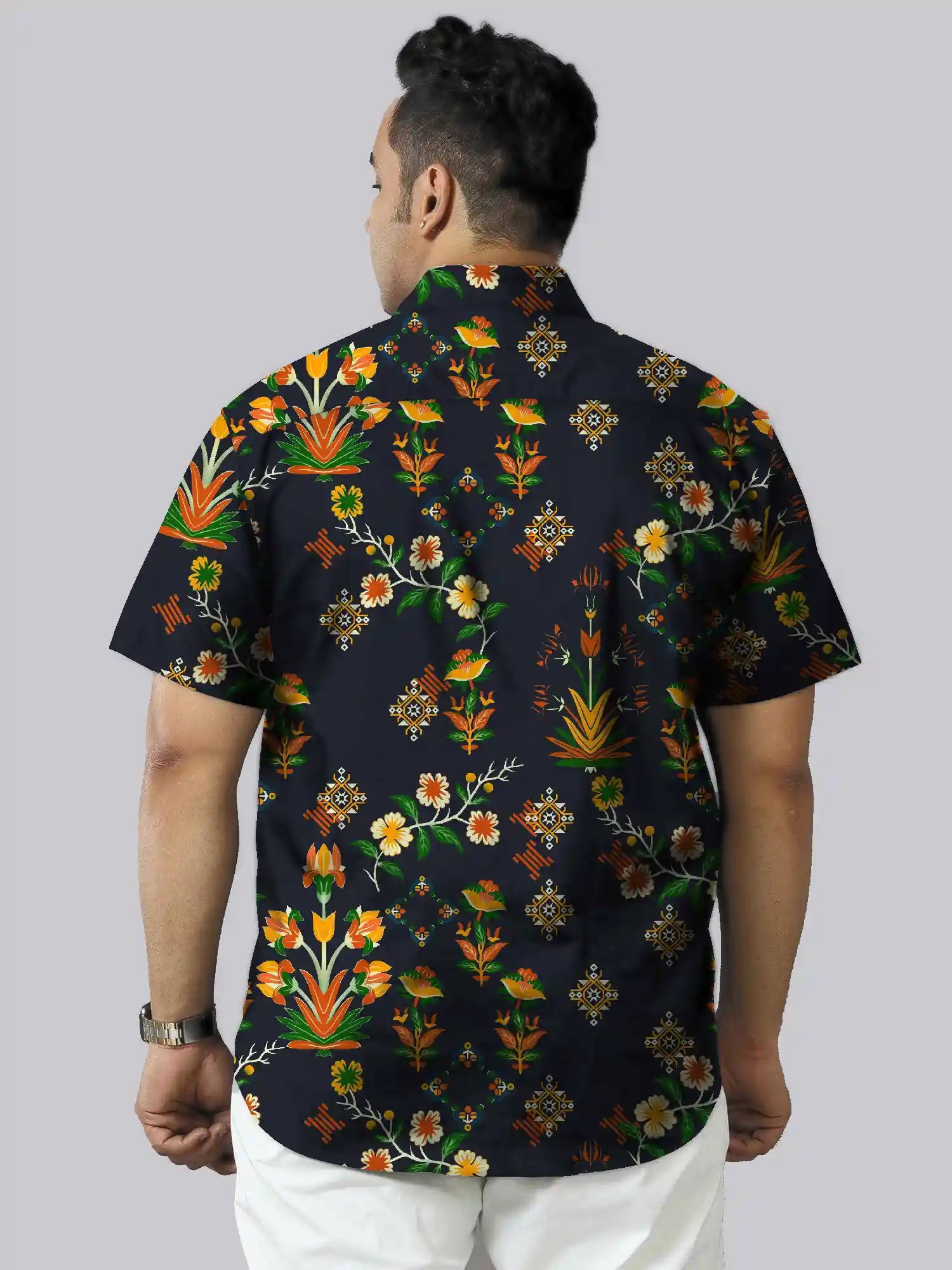 Digital Floral Design Printed Men's Plus Size Half Sleeve Shirt