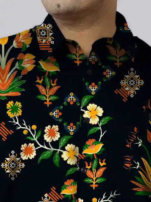 Digital Floral Design Printed Men's Plus Size Half Sleeve Shirt