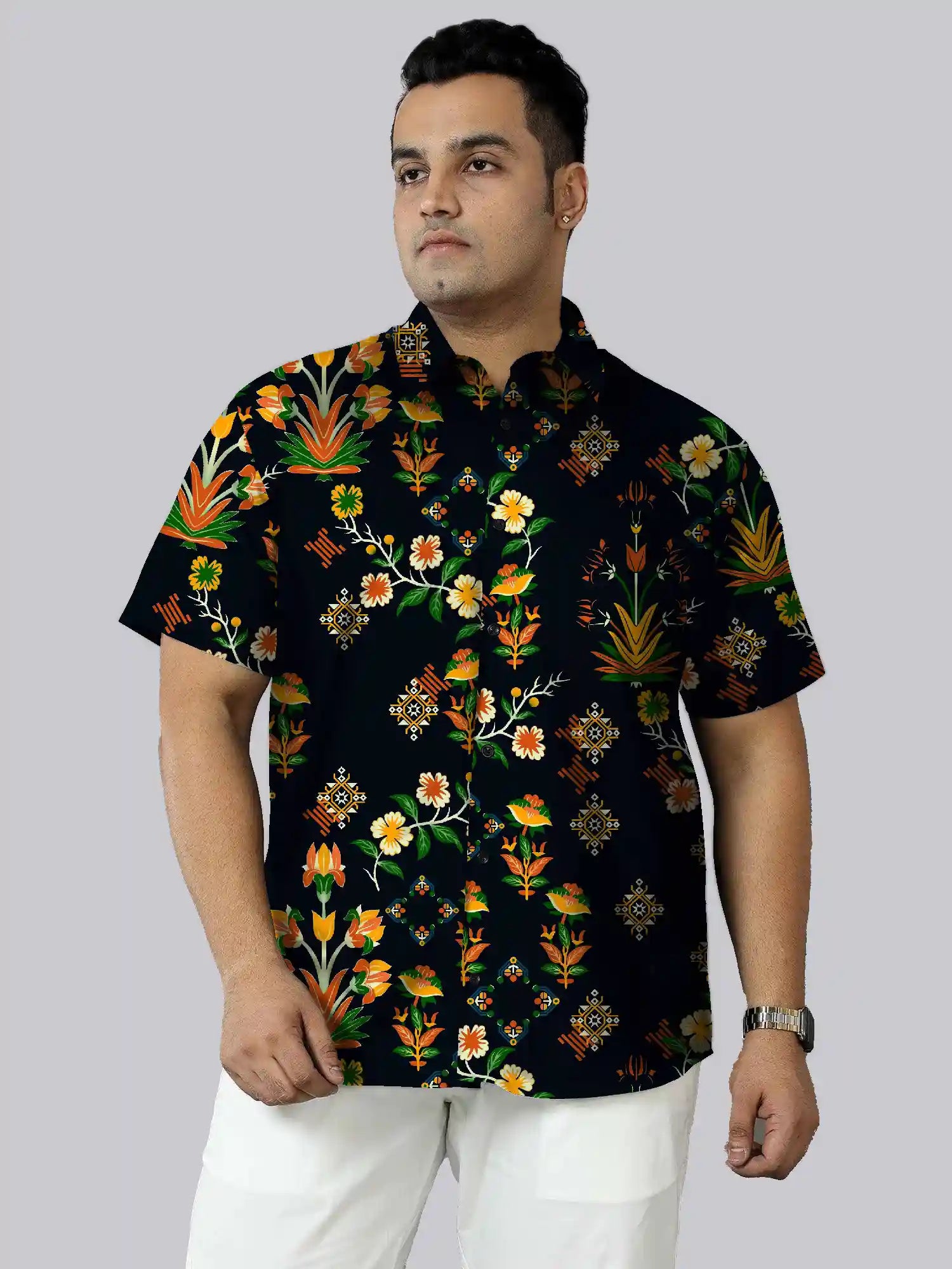 Digital Floral Design Printed Men's Plus Size Half Sleeve Shirt