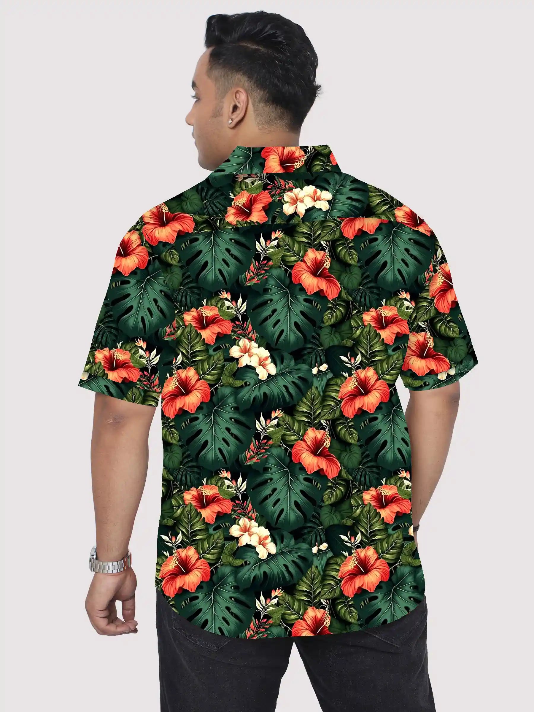 Monstera Foliage Printed Men's Plus Size Half Sleeve Shirt