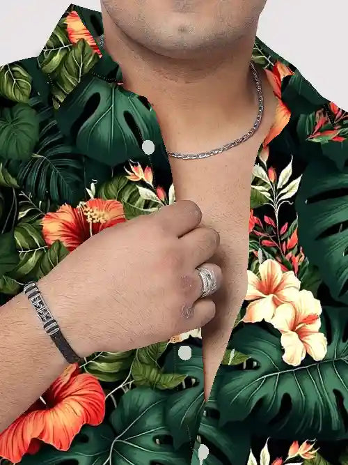 Monstera Foliage Printed Men's Plus Size Half Sleeve Shirt