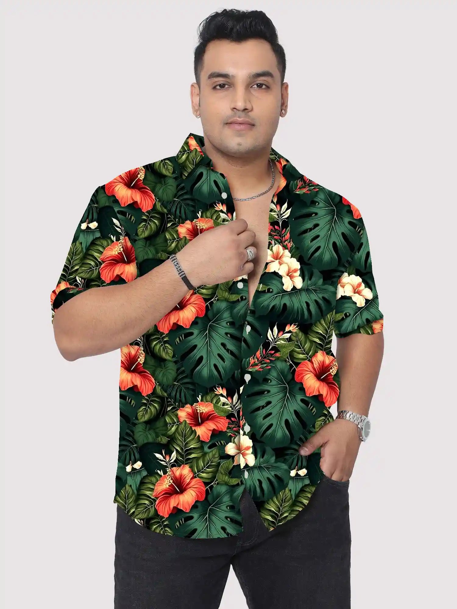 Monstera Foliage Printed Men's Plus Size Half Sleeve Shirt