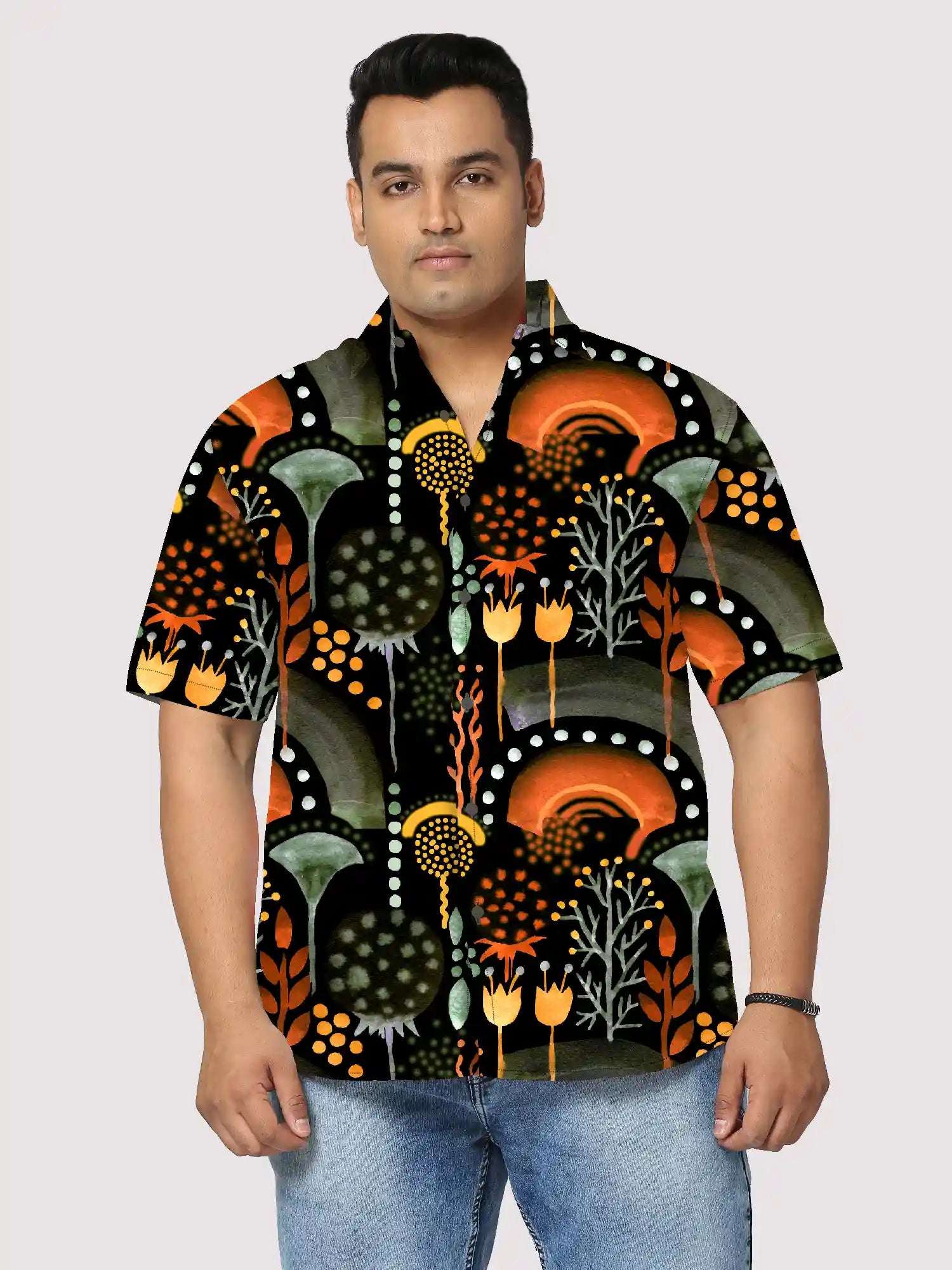 Sweat Brushed Printed Men's Plus Size Half Sleeve Shirt