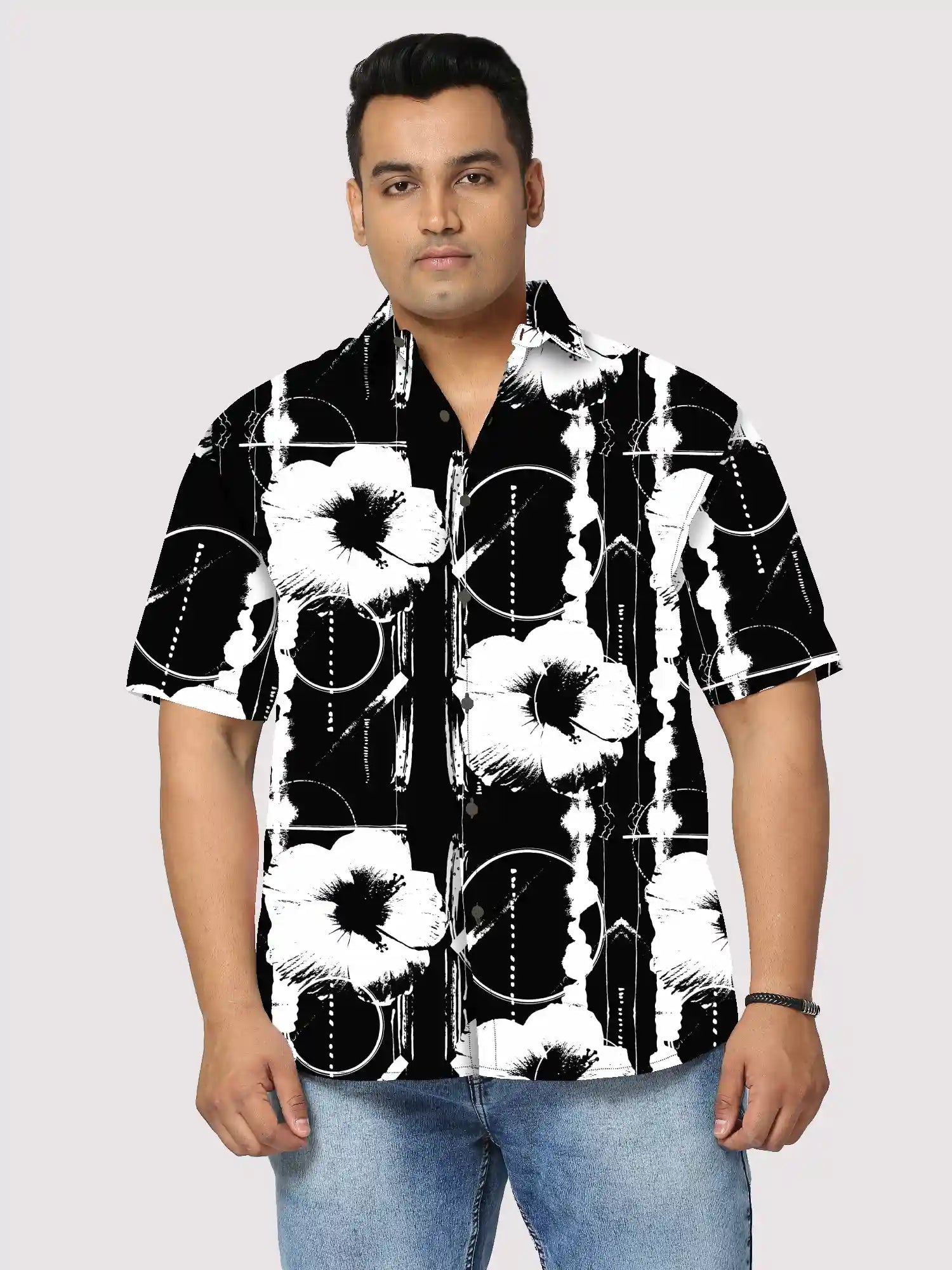 Tropical Sketch Flower Printed Men's Plus Size Half Sleeve Shirt