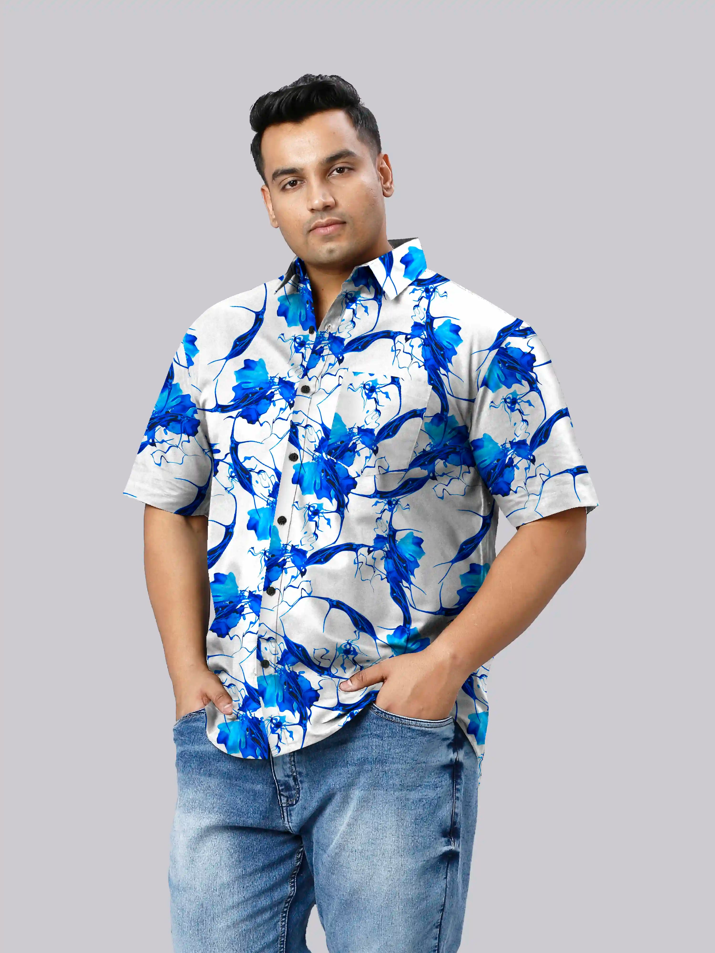 Blue Fluid Digital Printed Men Plus Size Half Sleeve Shirt