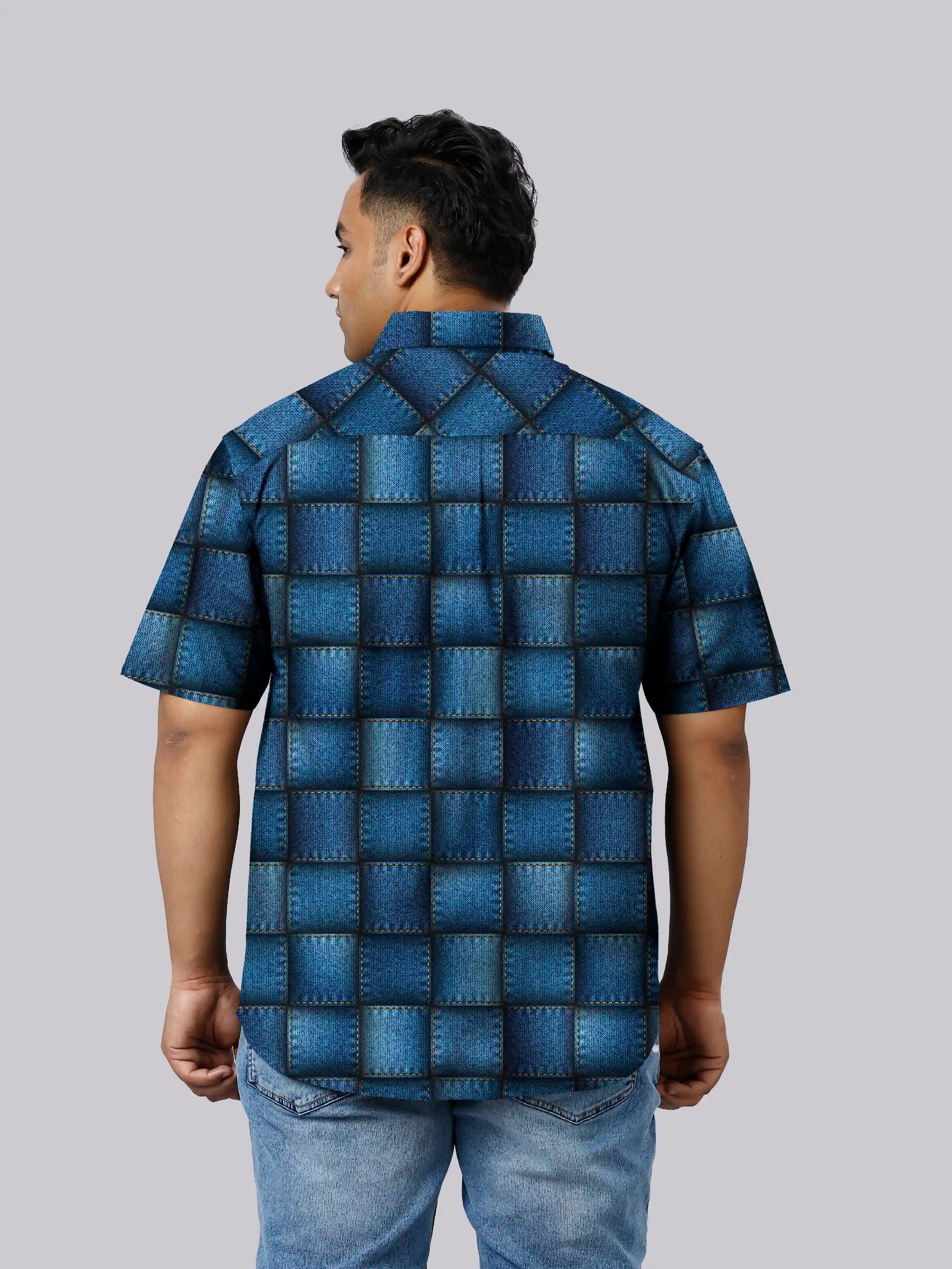 Digital Printed Denim Patchwork Men's Plus Size Half Sleeve Shirt