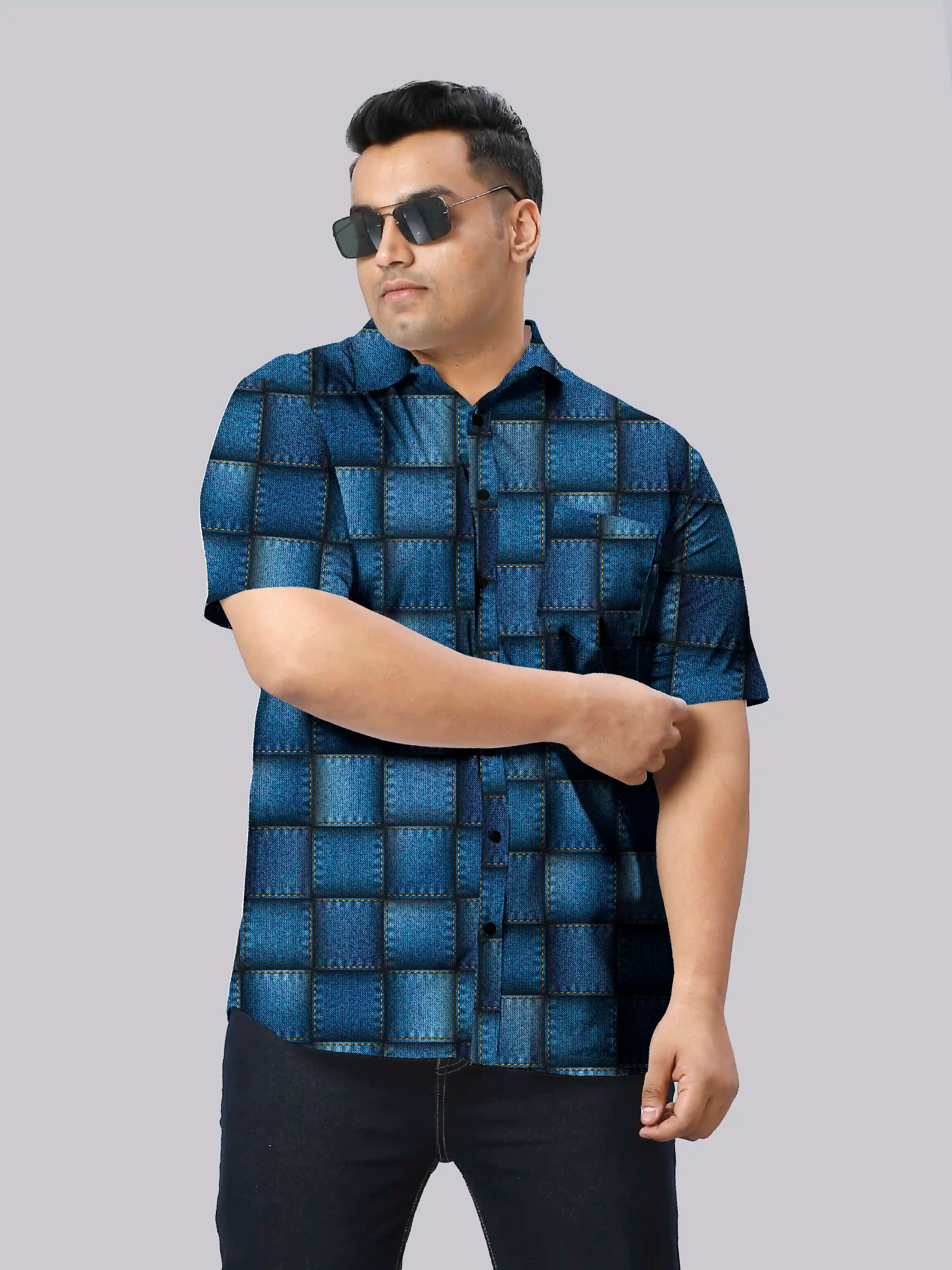 Digital Printed Denim Patchwork Men's Plus Size Half Sleeve Shirt