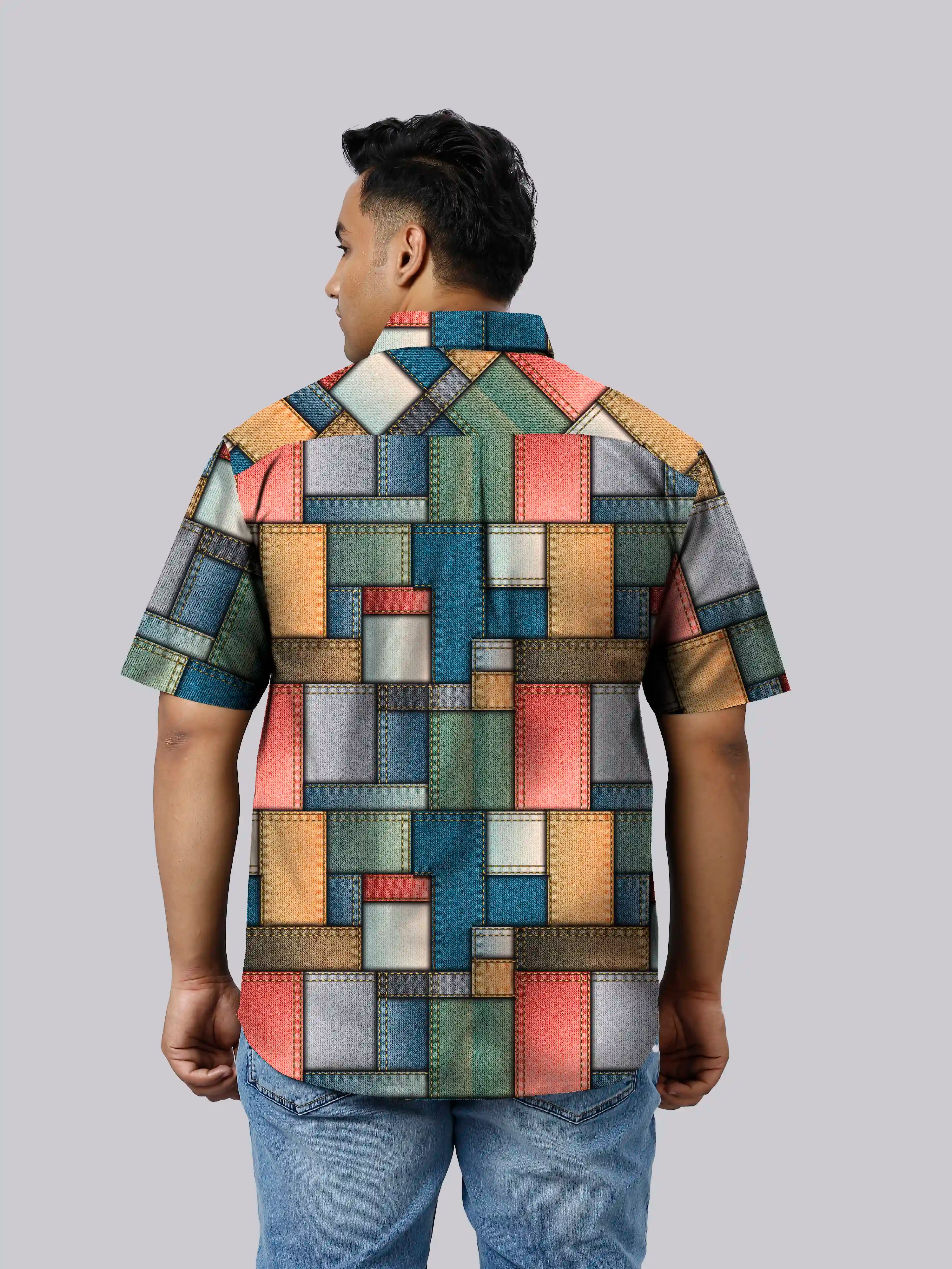 Digital Denim Printed Men Plus Size Half Sleeve Shirt