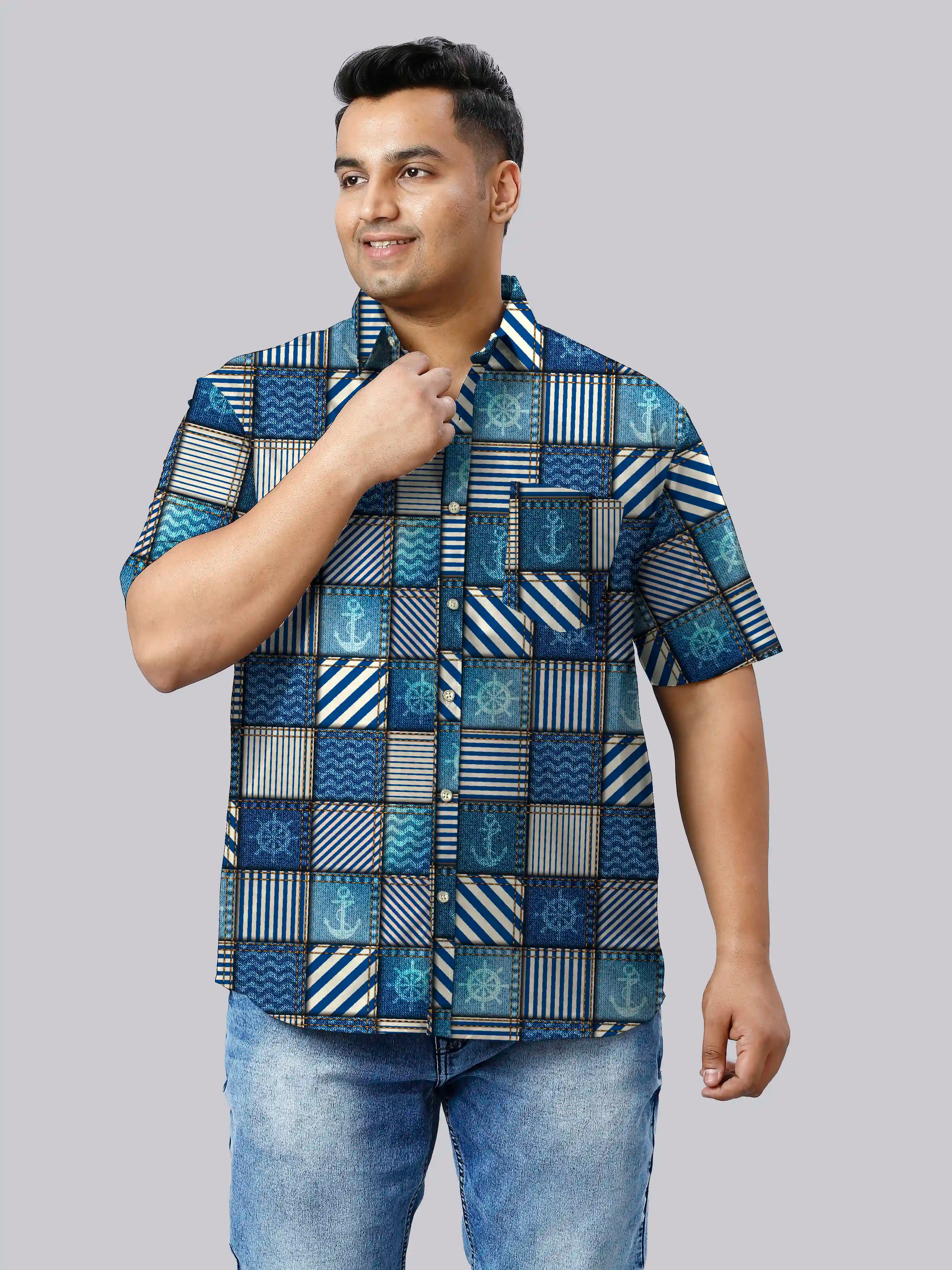 Nautical Denim Style Digital Printed Men Plus Size Half Sleeve Shirt