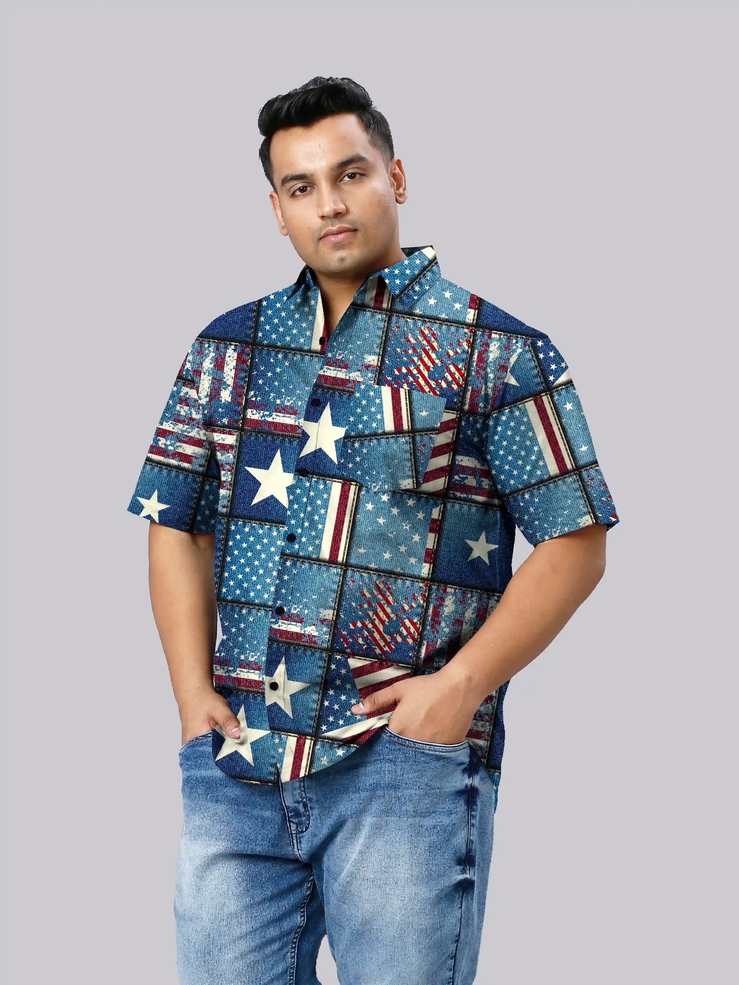 American Themes Denim Digital Printed Men Plus Size Half Sleeve Shirt