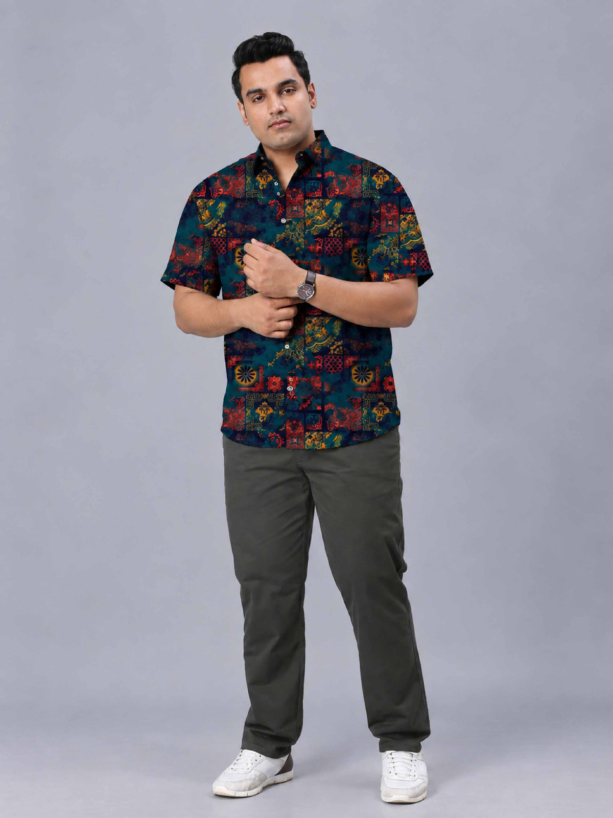 Mandala Pattern Digital Printed Men's Plus Size Half Sleeve Shirt