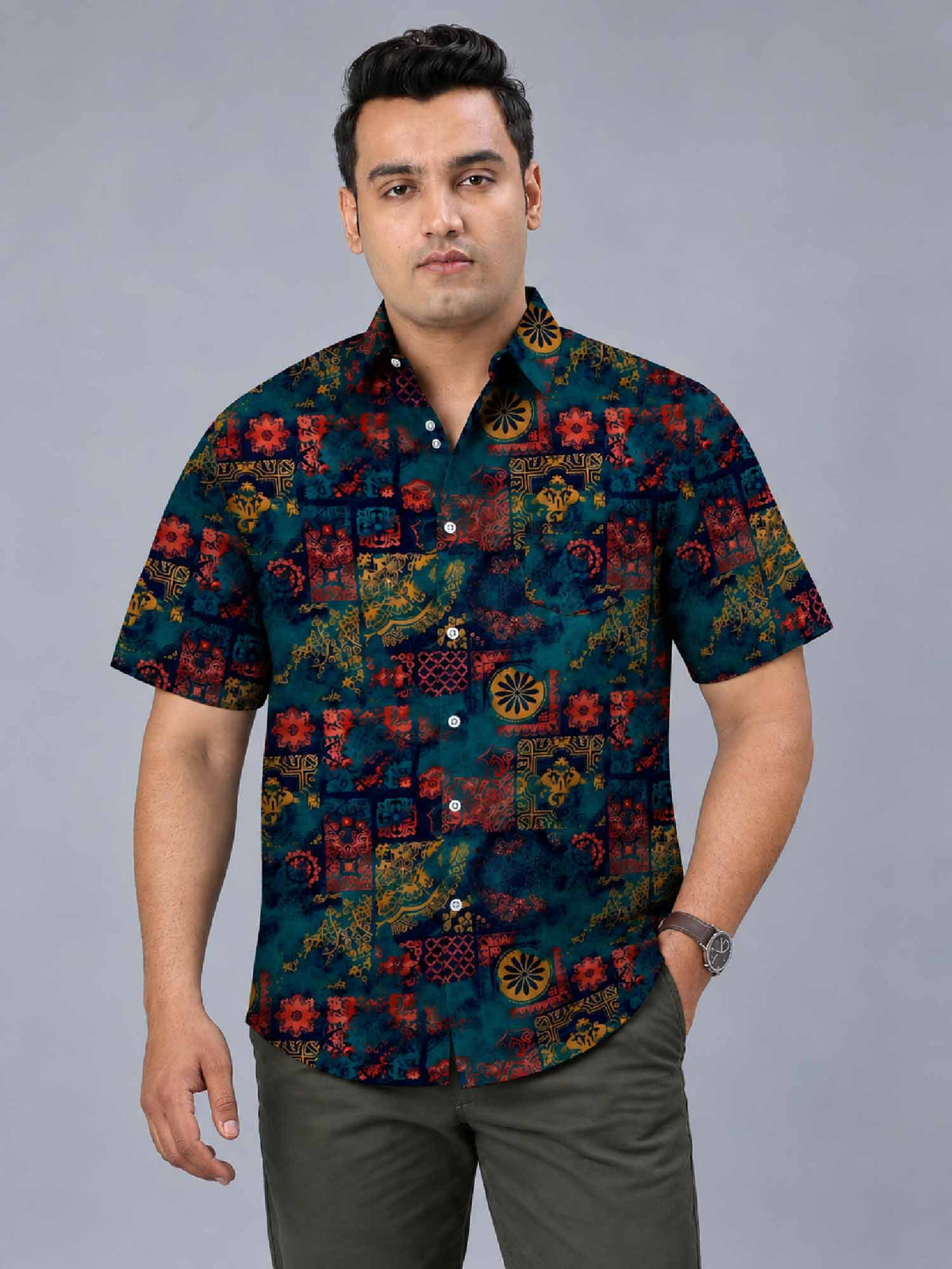 Mandala Pattern Digital Printed Men's Plus Size Half Sleeve Shirt